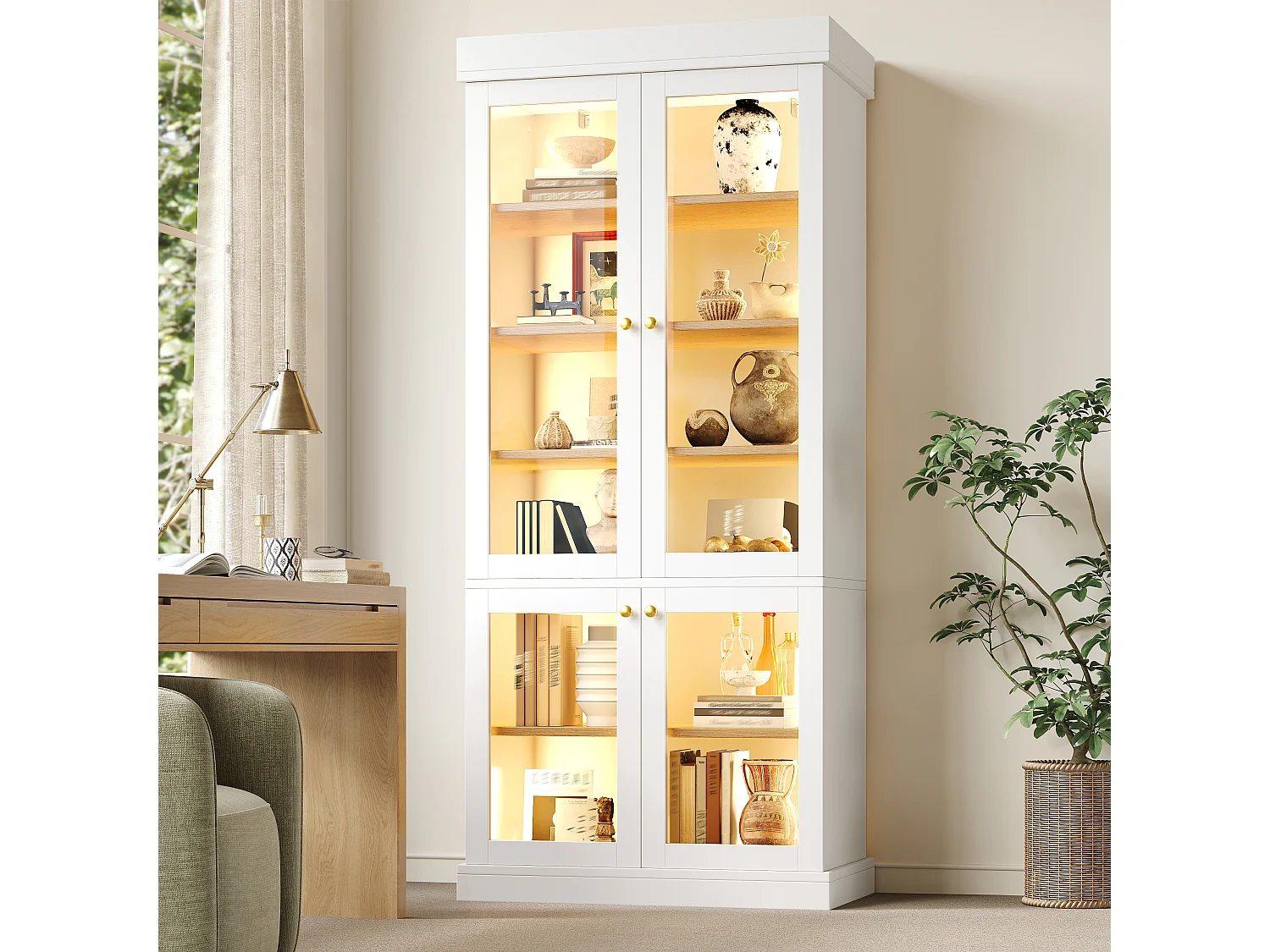 LED-Vitrinenschrank mit 4 Glastüren, Ablagefächern und Kippsicherung – MDF und Metall – 80 × 40 × 180 cm – Weiß