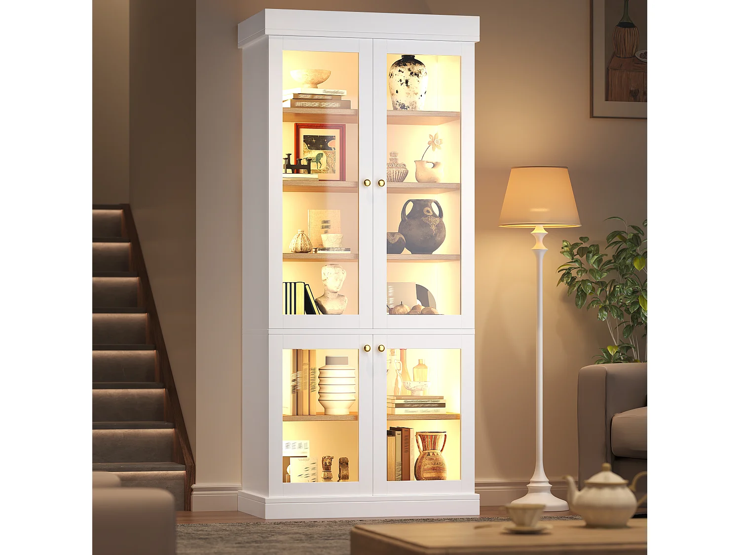 LED-Vitrinenschrank mit 4 Glastüren, Ablagefächern und Kippsicherung – MDF und Metall – 80 × 40 × 180 cm – Weiß