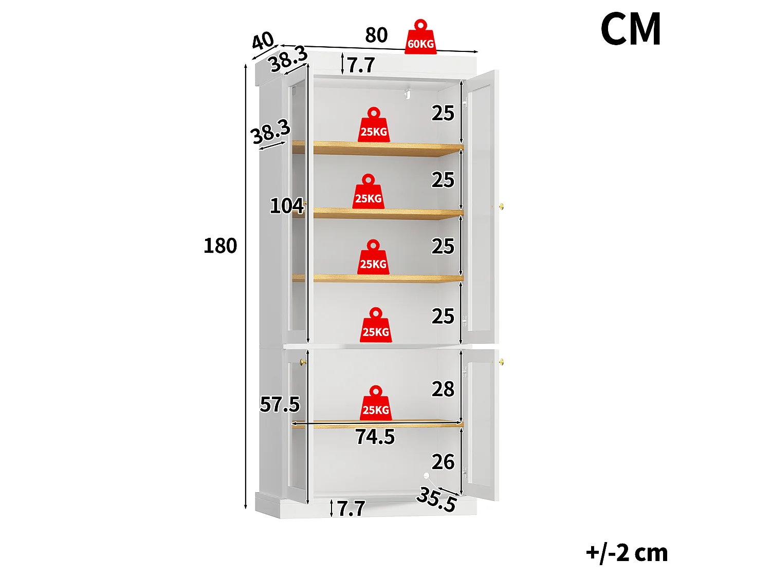 LED-Vitrinenschrank mit 4 Glastüren, Ablagefächern und Kippsicherung – MDF und Metall – 80 × 40 × 180 cm – Weiß