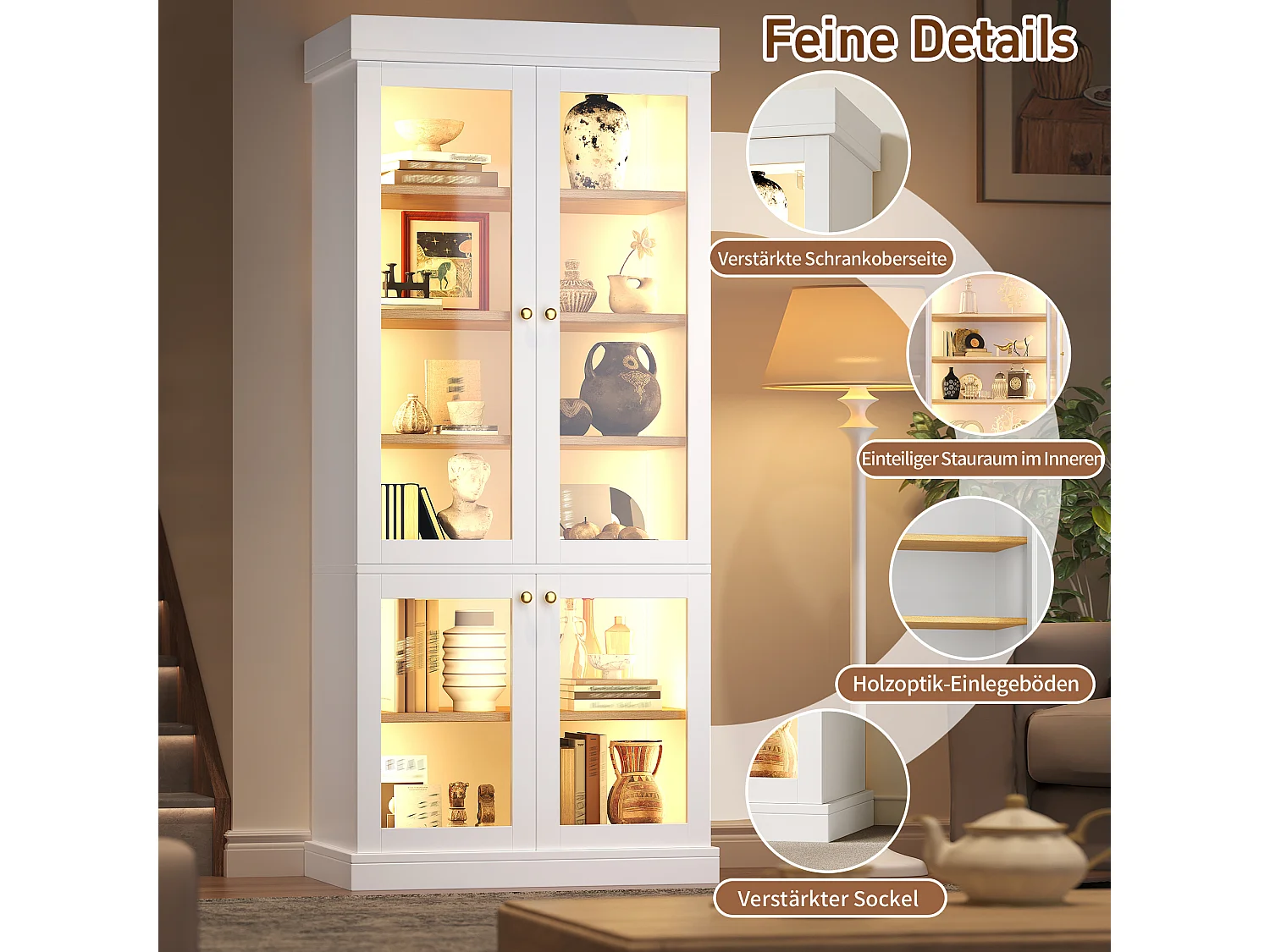 LED-Vitrinenschrank mit 4 Glastüren, Ablagefächern und Kippsicherung – MDF und Metall – 80 × 40 × 180 cm – Weiß