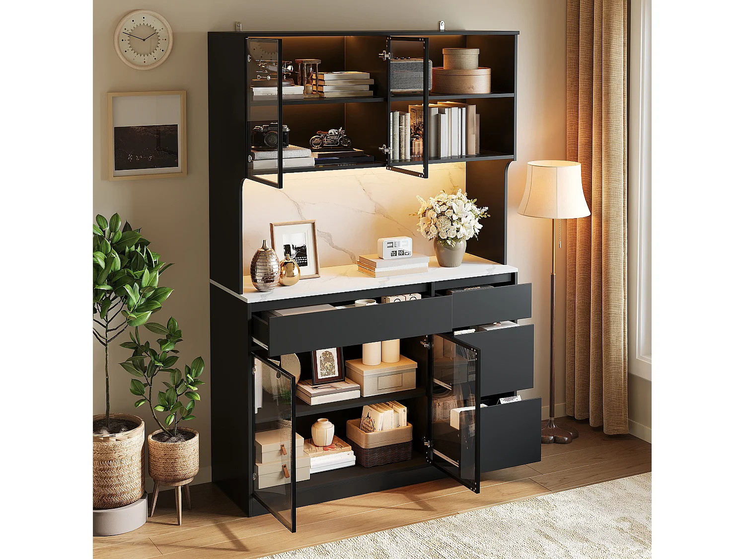 Vitrine mit 4 Türen, 2 Schubladen, offenen Regalböden und LED-Beleuchtung – 120 x 40 x 180 cm – MDF – Weiß und Schwarz