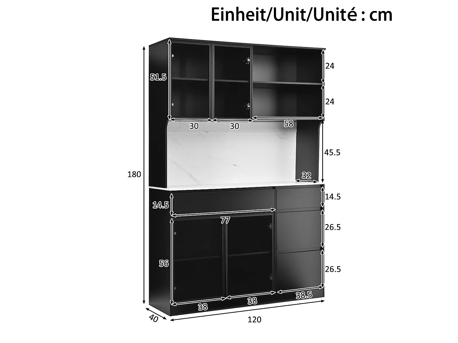 Vitrine mit 4 Türen, 2 Schubladen, offenen Regalböden und LED-Beleuchtung – 120 x 40 x 180 cm – MDF – Weiß und Schwarz
