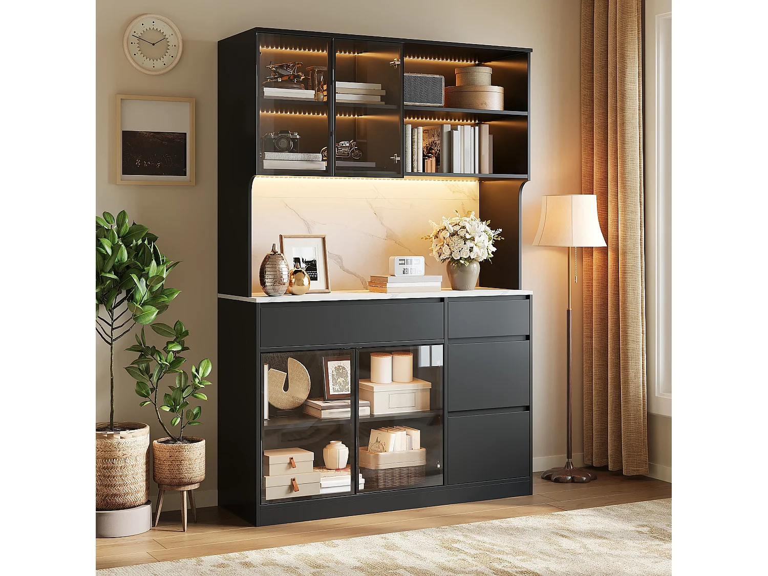 Vitrine mit 4 Türen, 2 Schubladen, offenen Regalböden und LED-Beleuchtung – 120 x 40 x 180 cm – MDF – Weiß und Schwarz