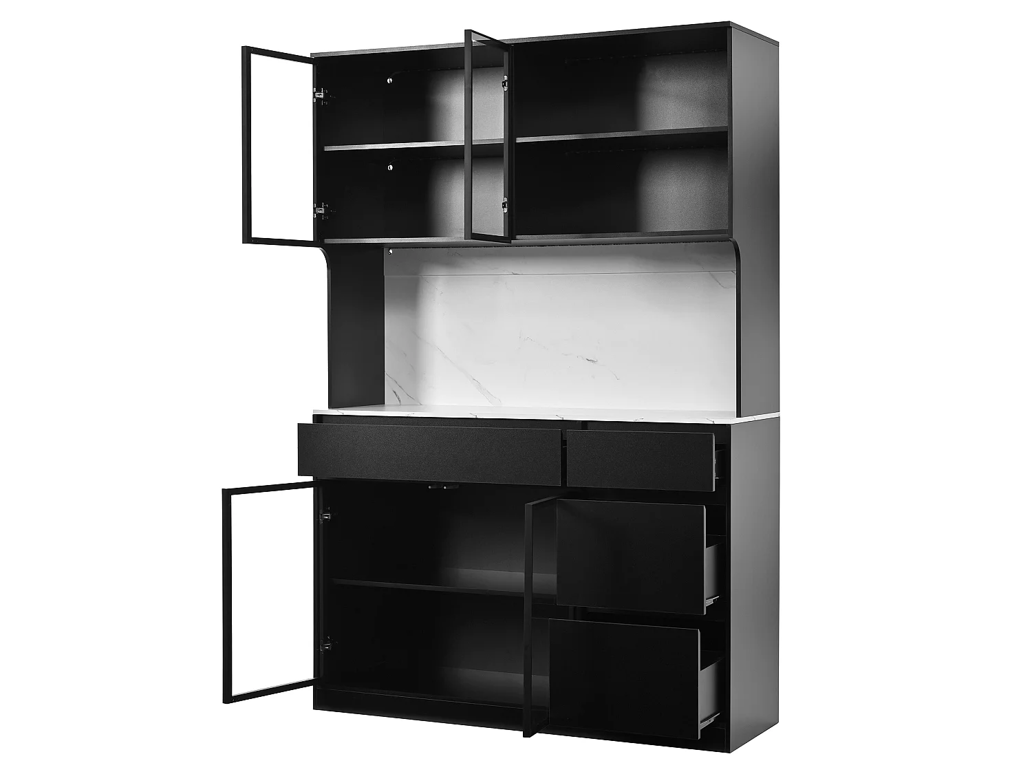 Vitrine mit 4 Türen, 2 Schubladen, offenen Regalböden und LED-Beleuchtung – 120 x 40 x 180 cm – MDF – Weiß und Schwarz