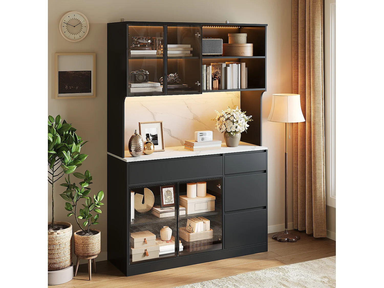 Vitrine mit 4 Türen, 2 Schubladen, offenen Regalböden und LED-Beleuchtung – 120 x 40 x 180 cm – MDF – Weiß und Schwarz
