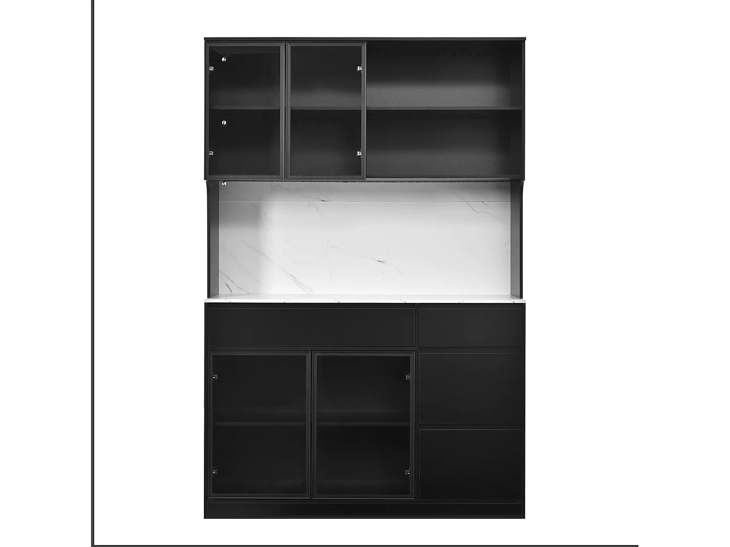 Vitrine mit 4 Türen, 2 Schubladen, offenen Regalböden und LED-Beleuchtung – 120 x 40 x 180 cm – MDF – Weiß und Schwarz