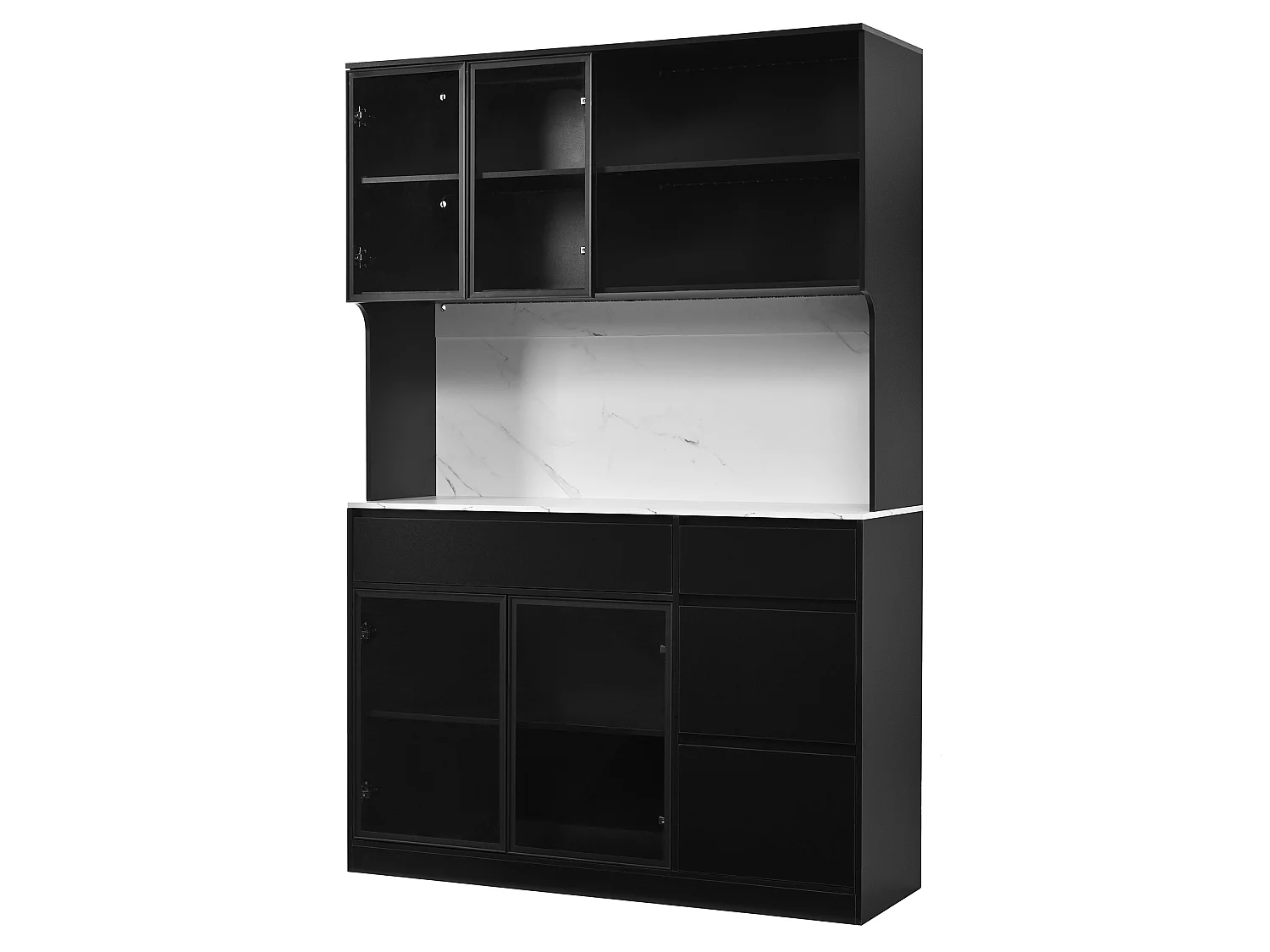 Vitrine mit 4 Türen, 2 Schubladen, offenen Regalböden und LED-Beleuchtung – 120 x 40 x 180 cm – MDF – Weiß und Schwarz