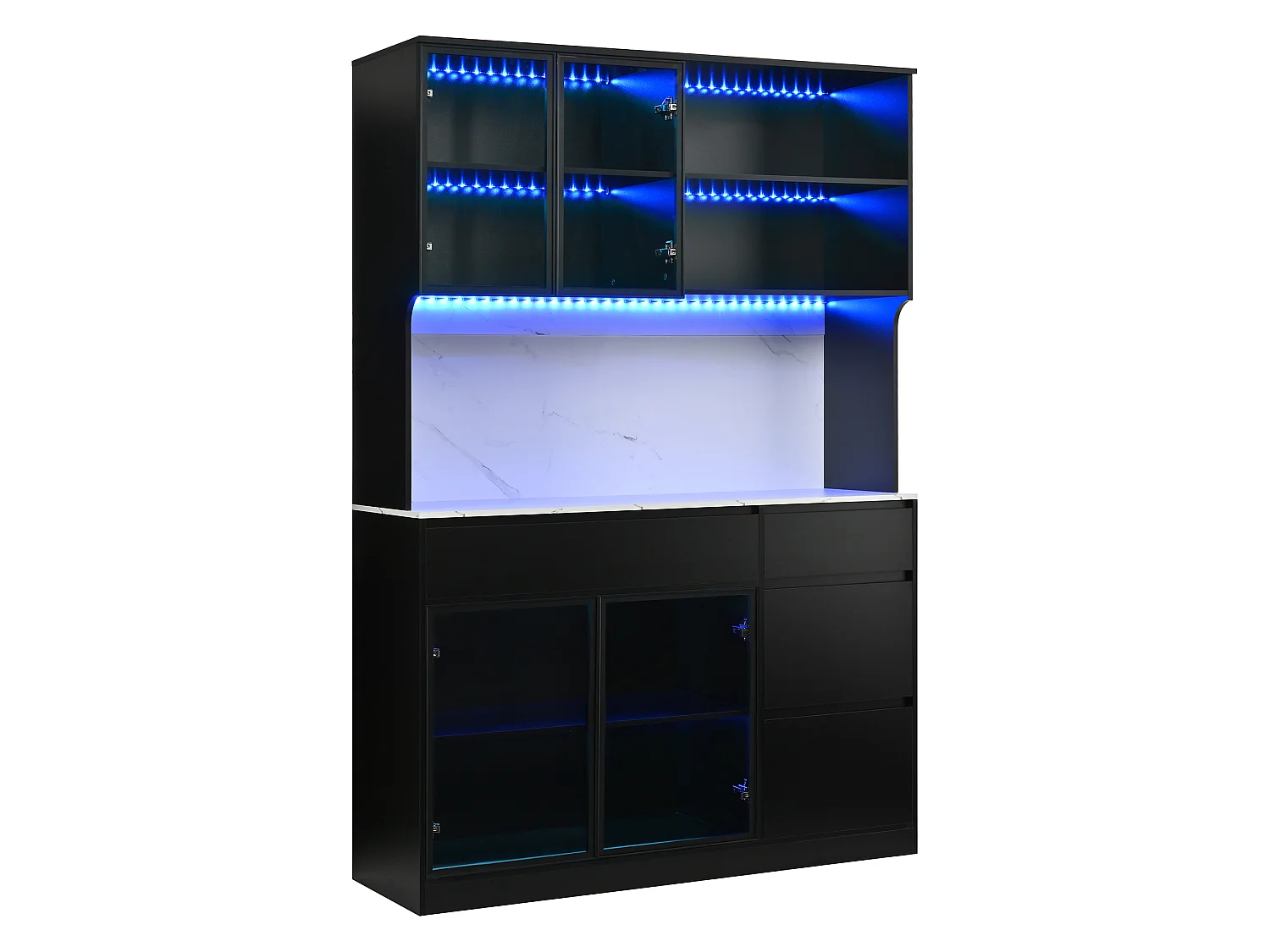 Vitrine mit 4 Türen, 2 Schubladen, offenen Regalböden und LED-Beleuchtung – 120 x 40 x 180 cm – MDF – Weiß und Schwarz