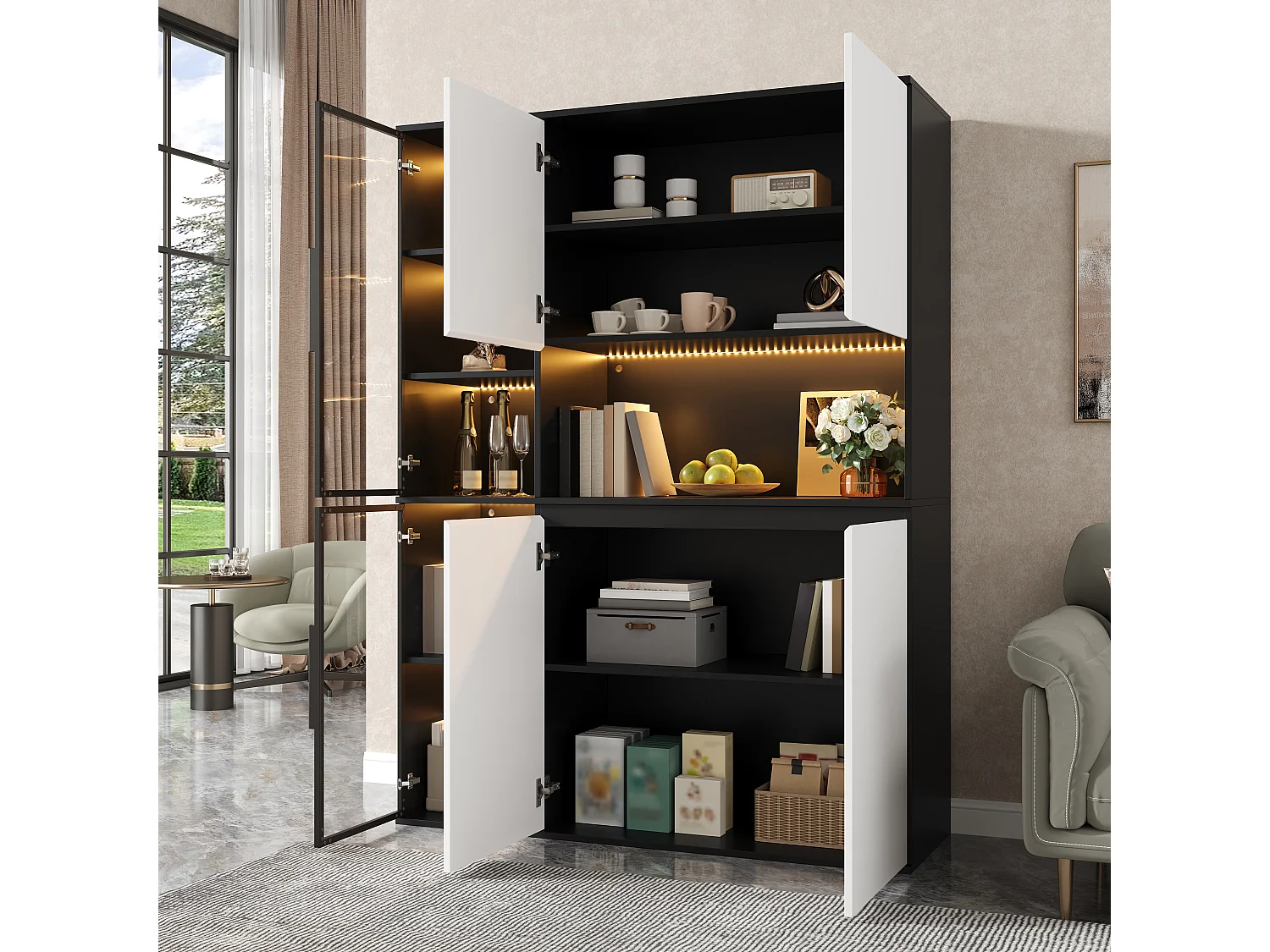 4-türige Vitrine mit Regalböden, offenen Fächern und LED-Beleuchtung – 120 x 40 x 160 cm – MDF – Weiß und Schwarz