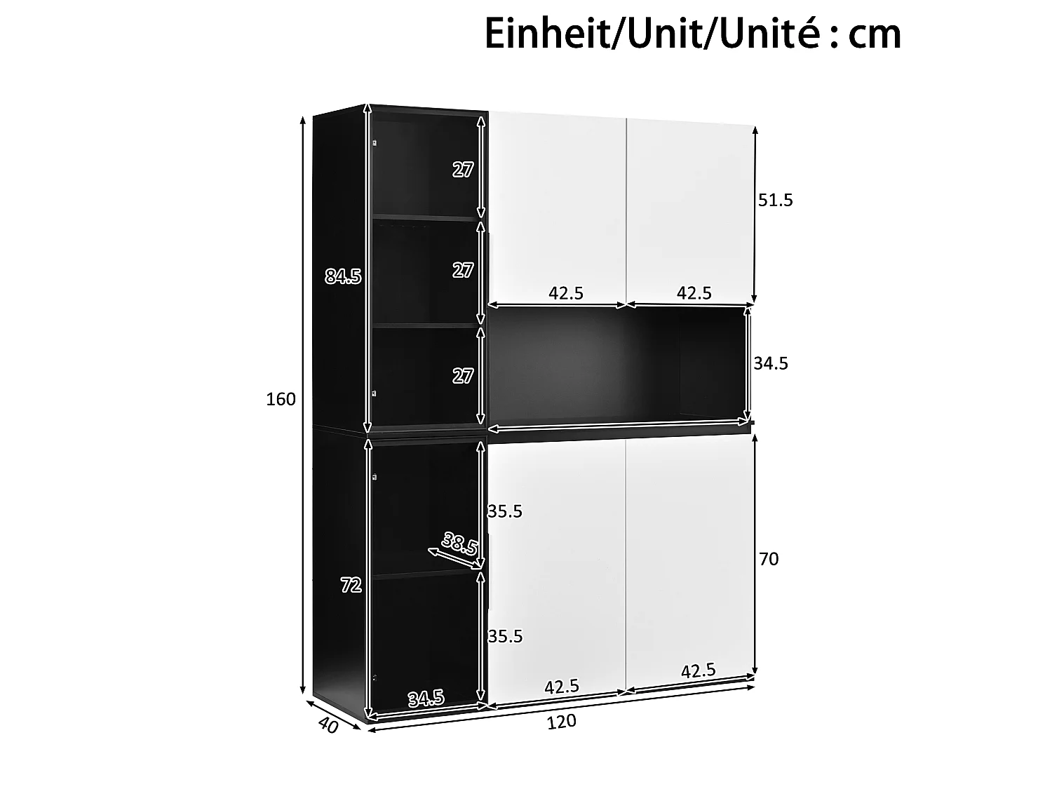 4-türige Vitrine mit Regalböden, offenen Fächern und LED-Beleuchtung – 120 x 40 x 160 cm – MDF – Weiß und Schwarz