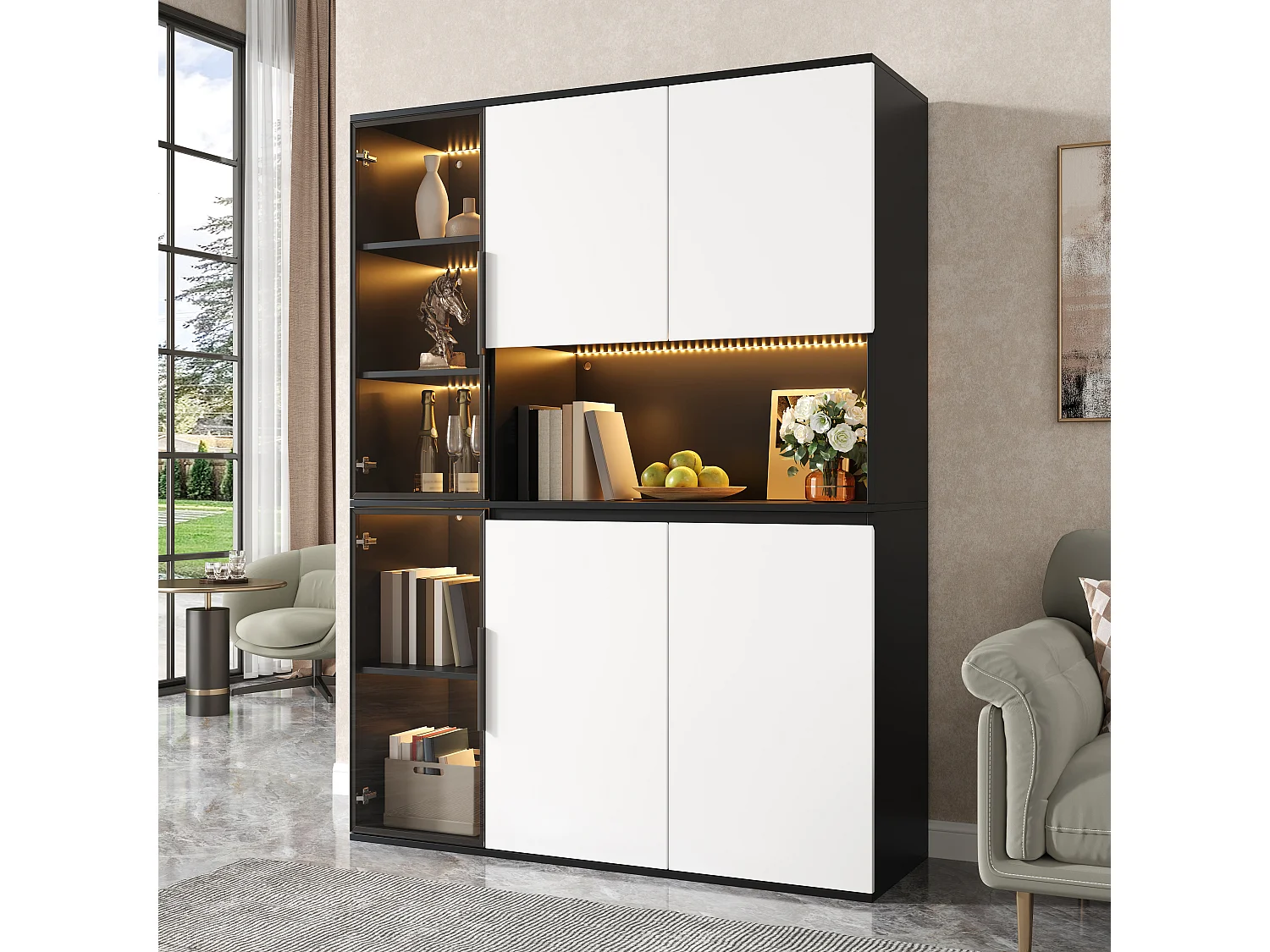 4-türige Vitrine mit Regalböden, offenen Fächern und LED-Beleuchtung – 120 x 40 x 160 cm – MDF – Weiß und Schwarz