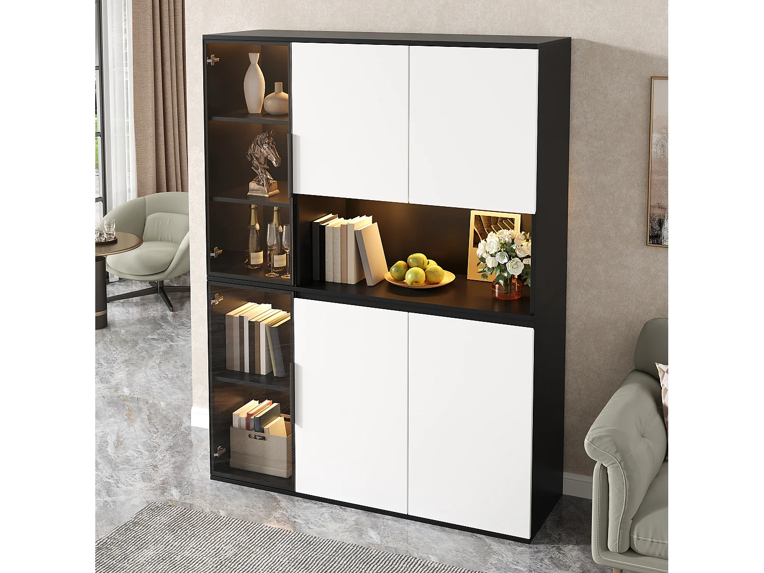4-türige Vitrine mit Regalböden, offenen Fächern und LED-Beleuchtung – 120 x 40 x 160 cm – MDF – Weiß und Schwarz