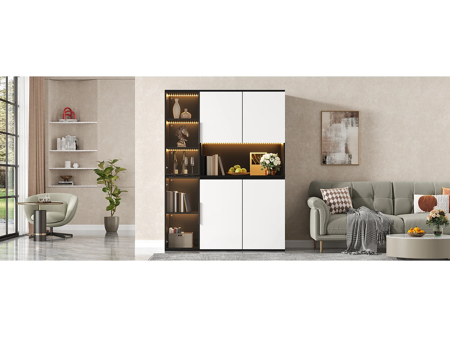 4-türige Vitrine mit Regalböden, offenen Fächern und LED-Beleuchtung – 120 x 40 x 160 cm – MDF – Weiß und Schwarz