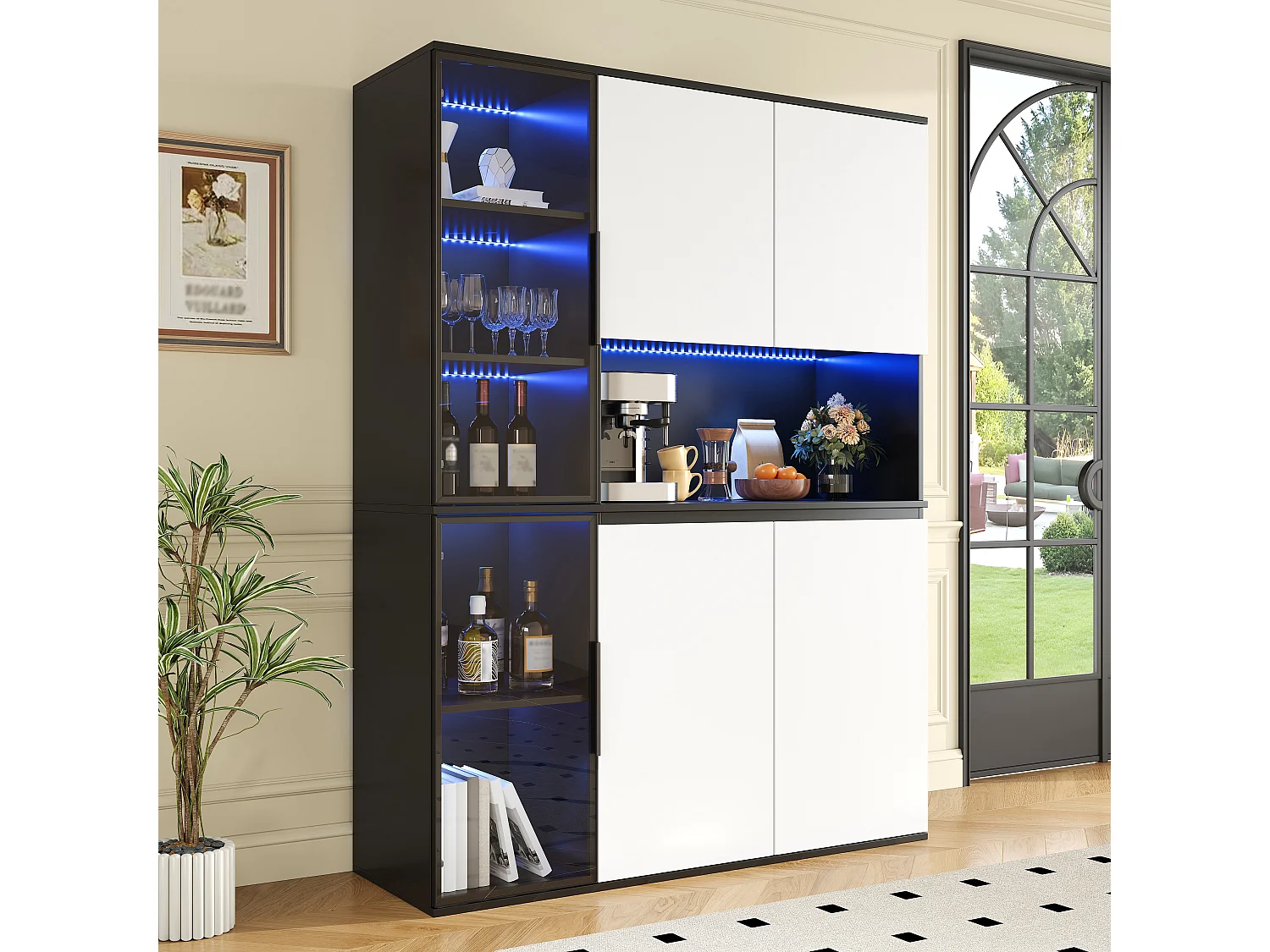 4-türige Vitrine mit Regalböden, offenen Fächern und LED-Beleuchtung – 120 x 40 x 160 cm – MDF – Weiß und Schwarz