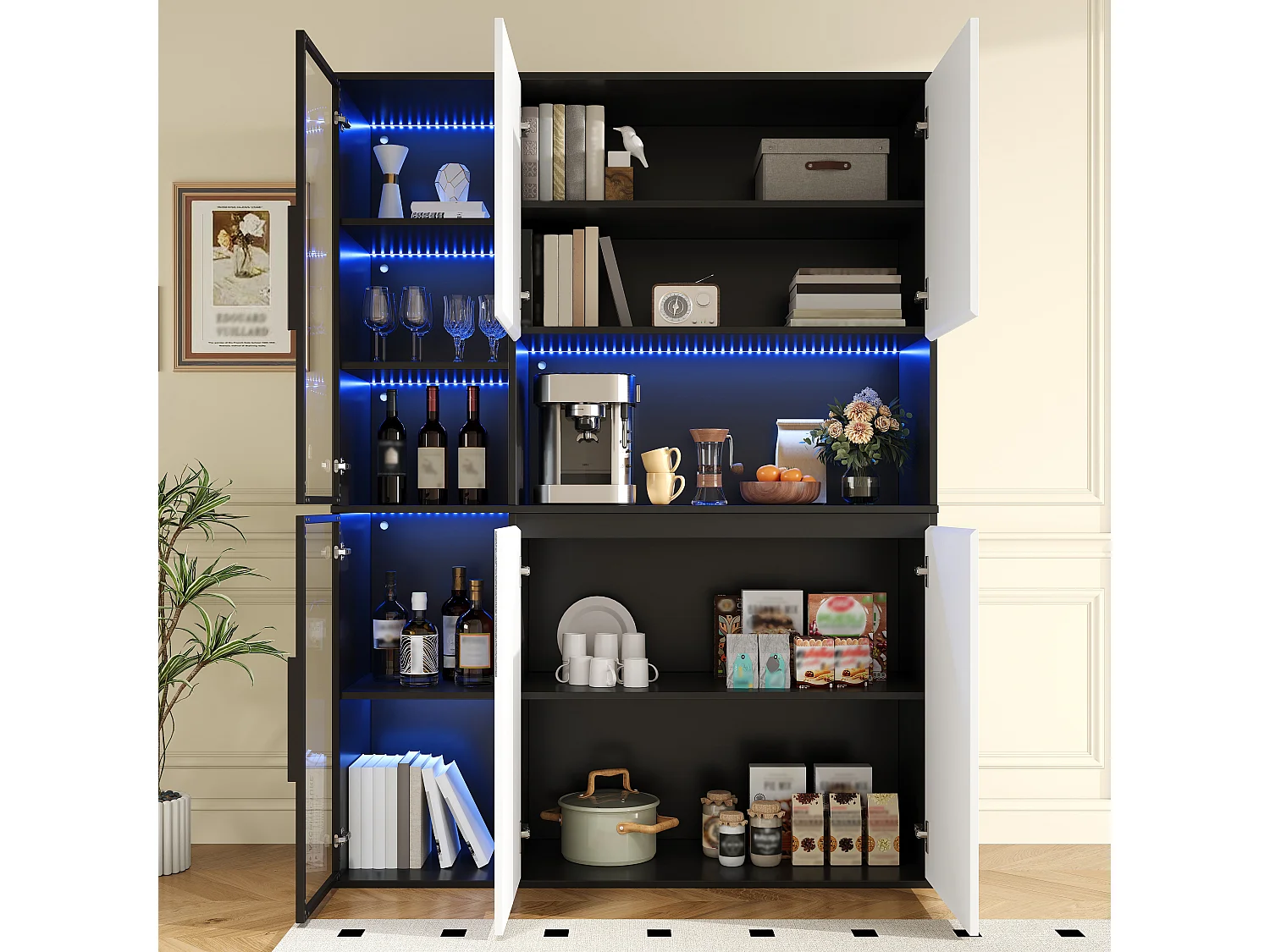 4-türige Vitrine mit Regalböden, offenen Fächern und LED-Beleuchtung – 120 x 40 x 160 cm – MDF – Weiß und Schwarz