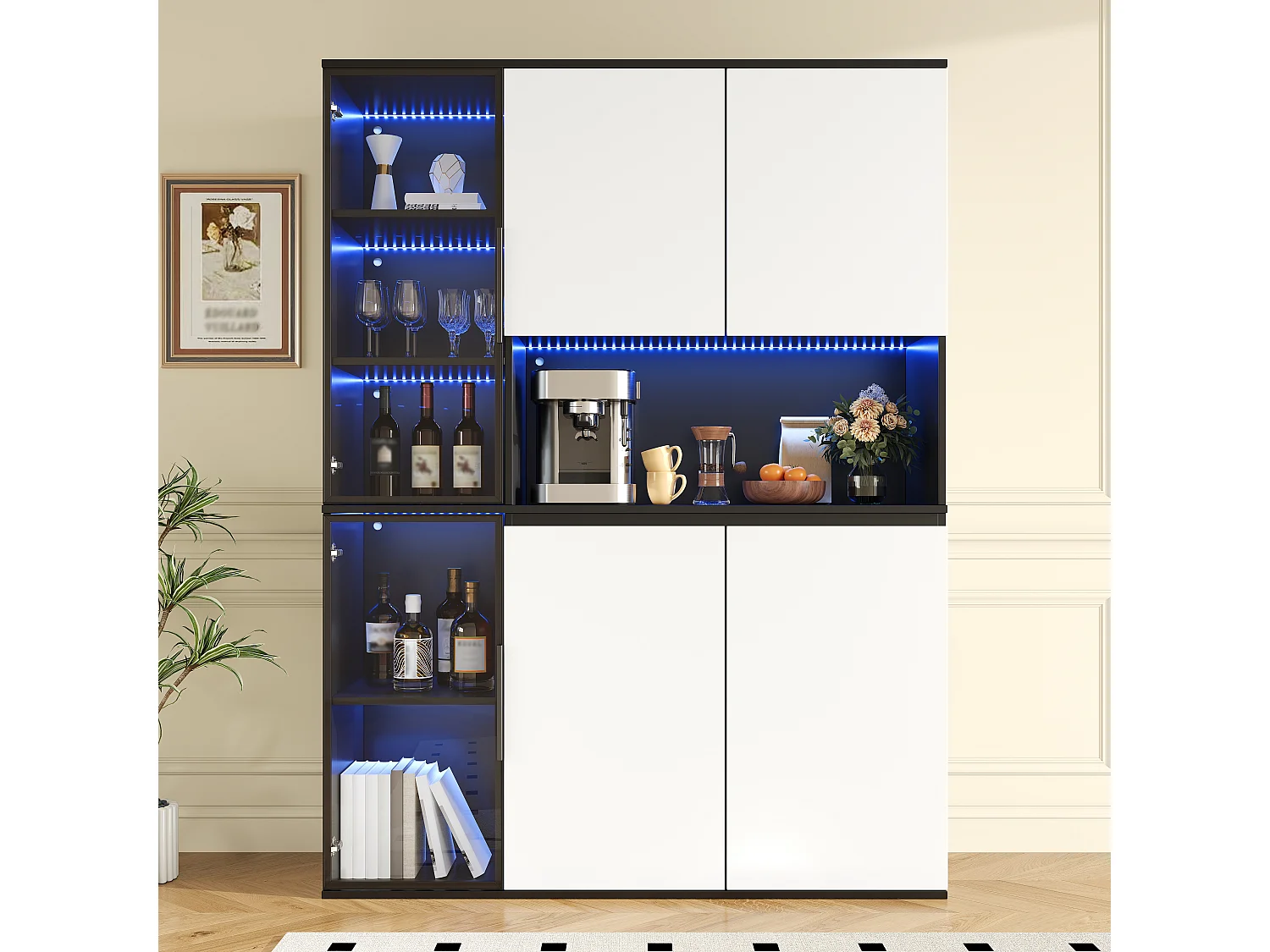 4-türige Vitrine mit Regalböden, offenen Fächern und LED-Beleuchtung – 120 x 40 x 160 cm – MDF – Weiß und Schwarz