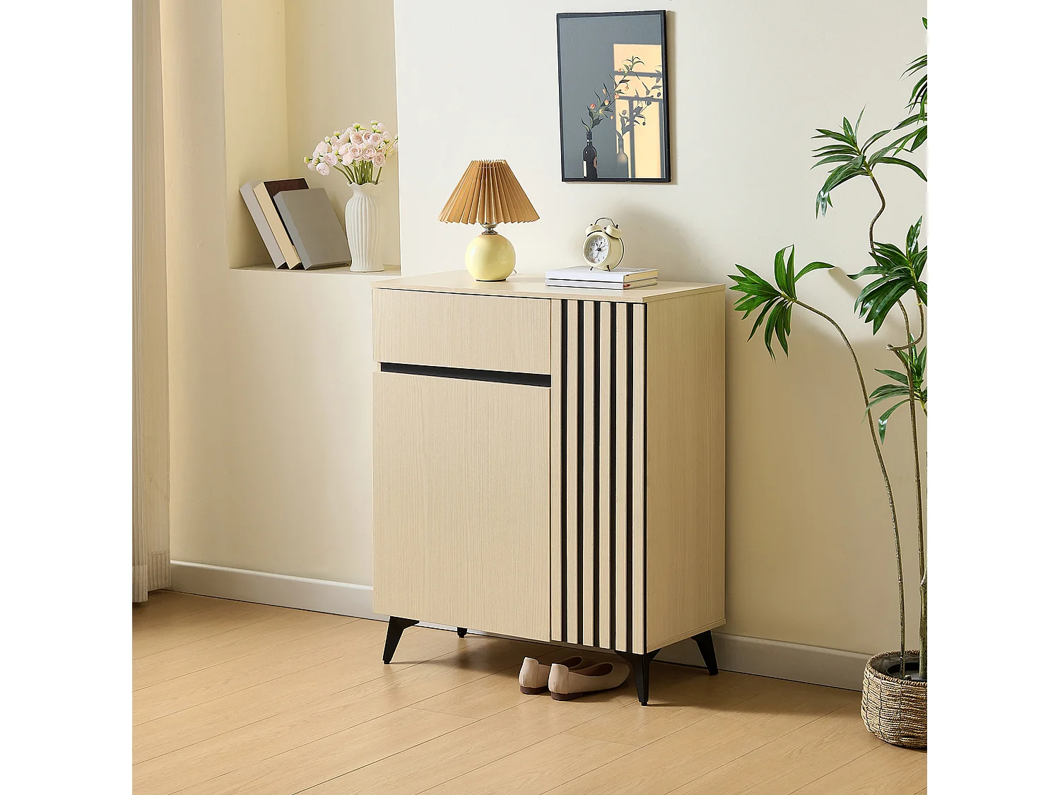 Shoe cabinet with 2 doors, 1 drawer and adjustable shelves – 75 x 35 x 90 cm – MDF – Light wood
