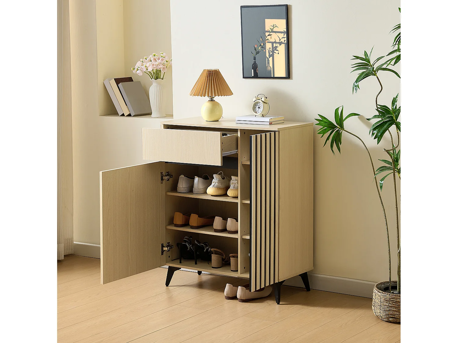 Shoe cabinet with 2 doors, 1 drawer and adjustable shelves – 75 x 35 x 90 cm – MDF – Light wood