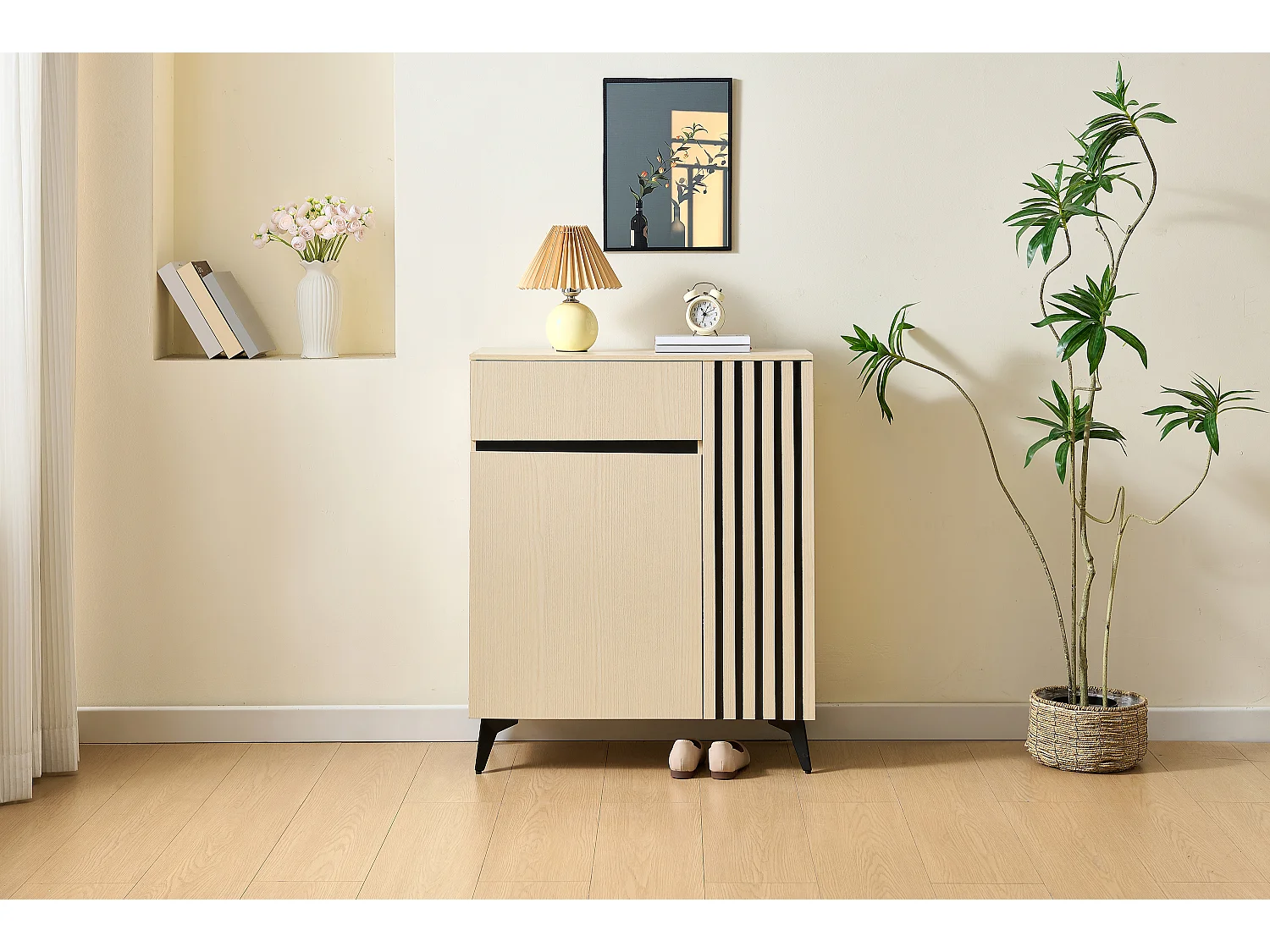 Shoe cabinet with 2 doors, 1 drawer and adjustable shelves – 75 x 35 x 90 cm – MDF – Light wood
