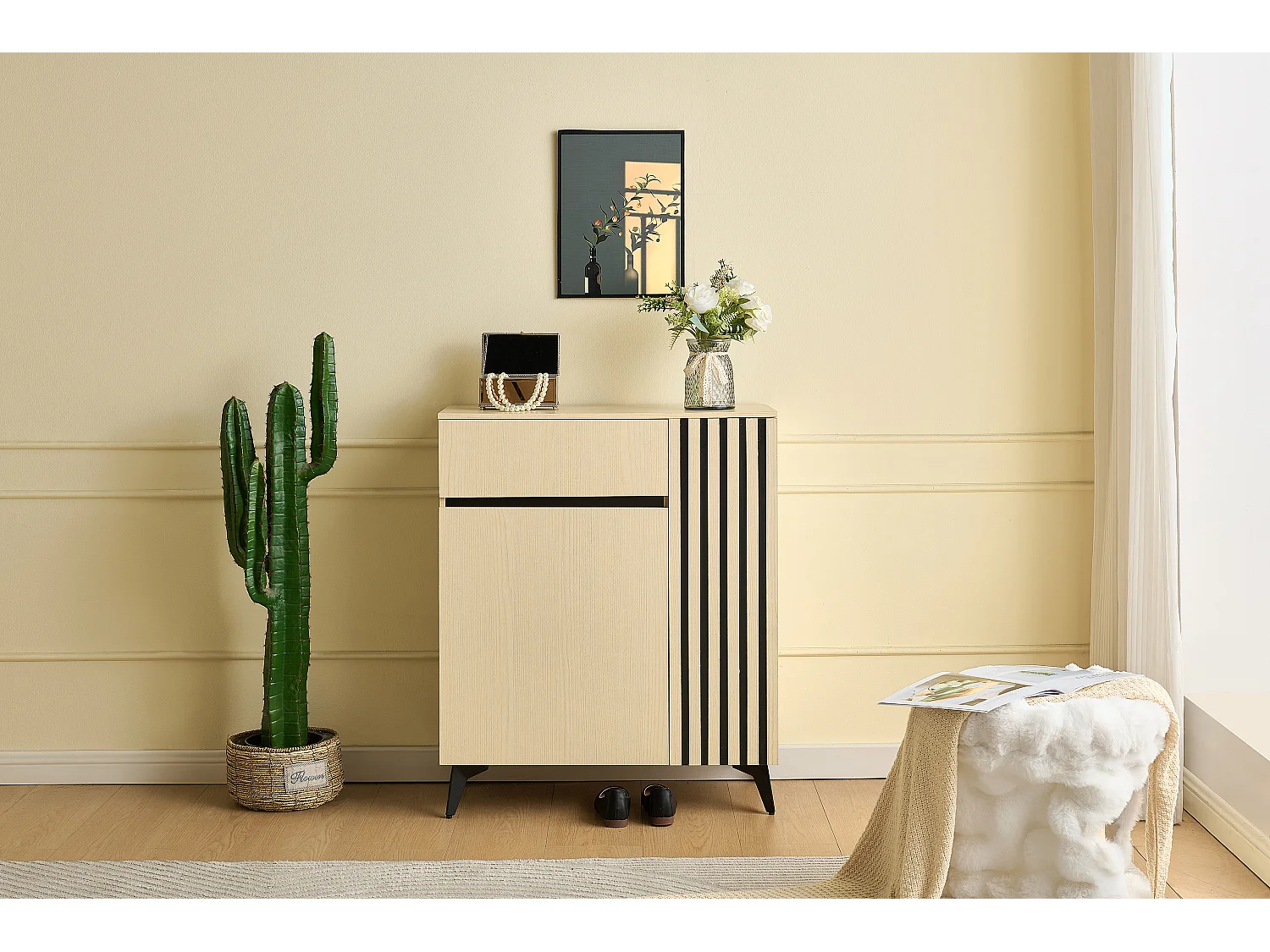 Shoe cabinet with 2 doors, 1 drawer and adjustable shelves – 75 x 35 x 90 cm – MDF – Light wood
