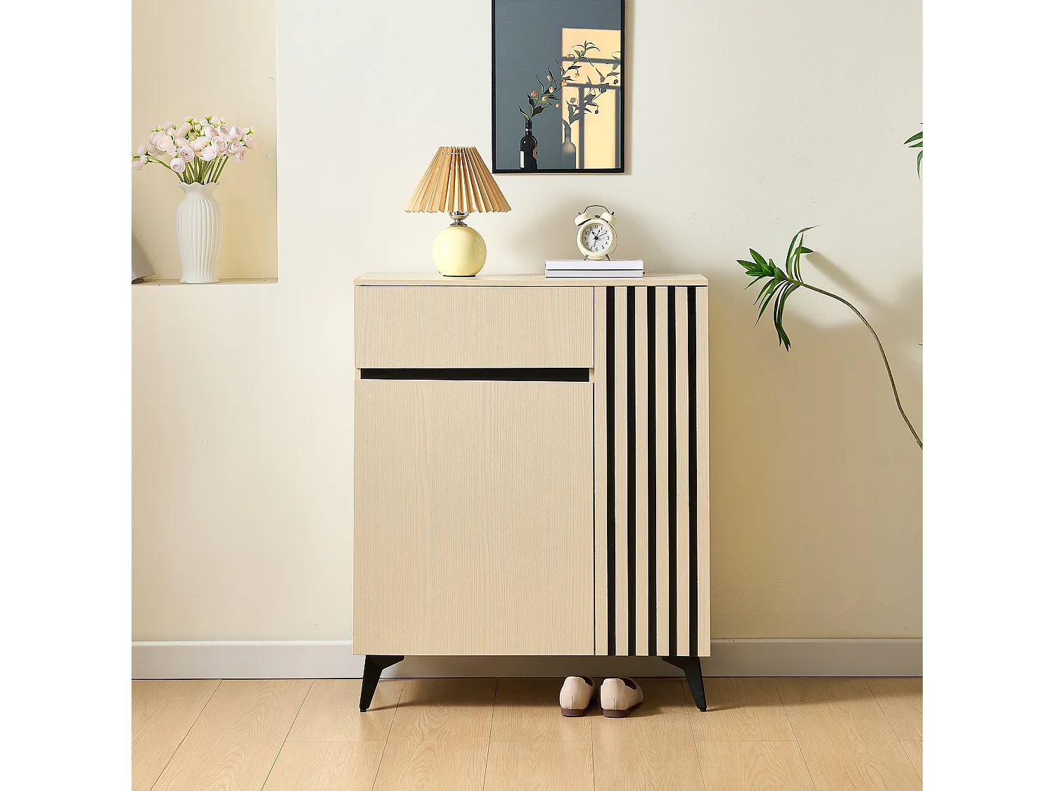 Shoe cabinet with 2 doors, 1 drawer and adjustable shelves – 75 x 35 x 90 cm – MDF – Light wood