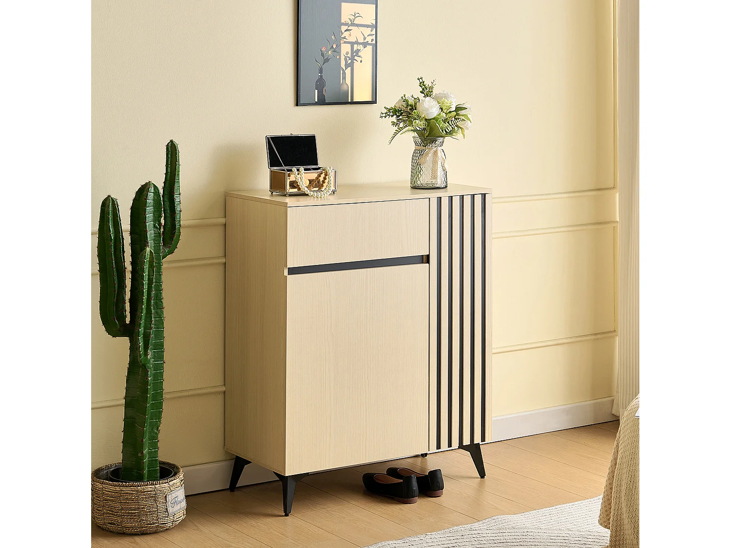 Shoe cabinet with 2 doors, 1 drawer and adjustable shelves – 75 x 35 x 90 cm – MDF – Light wood