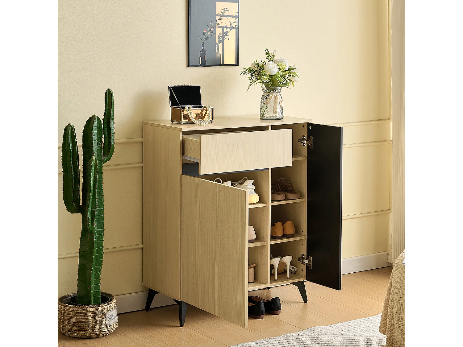 Shoe cabinet with 2 doors, 1 drawer and adjustable shelves – 75 x 35 x 90 cm – MDF – Light wood