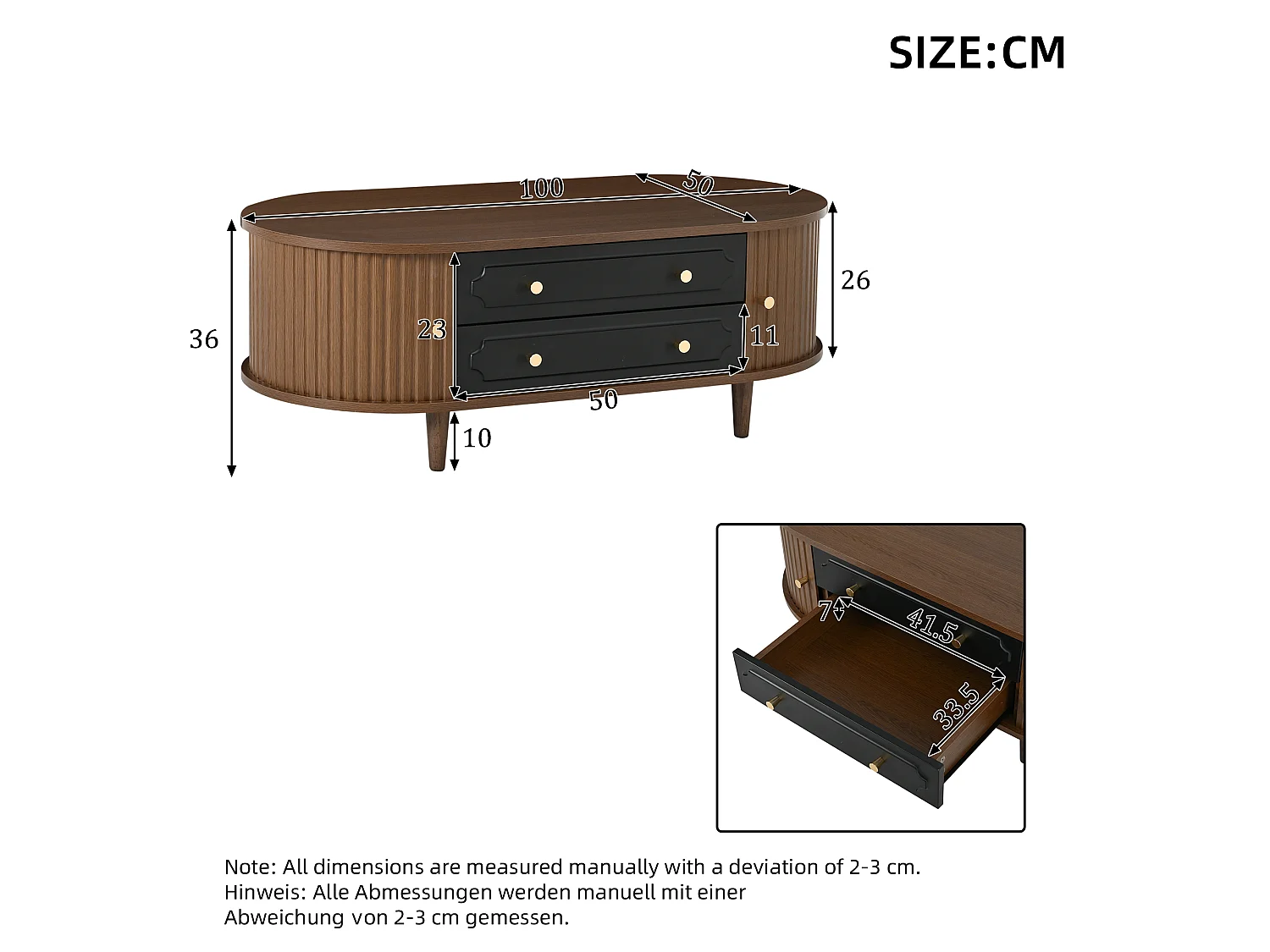 Coffee table 100x50x36 cm - with 2 drawers and 2 sliding doors - Brown + Black