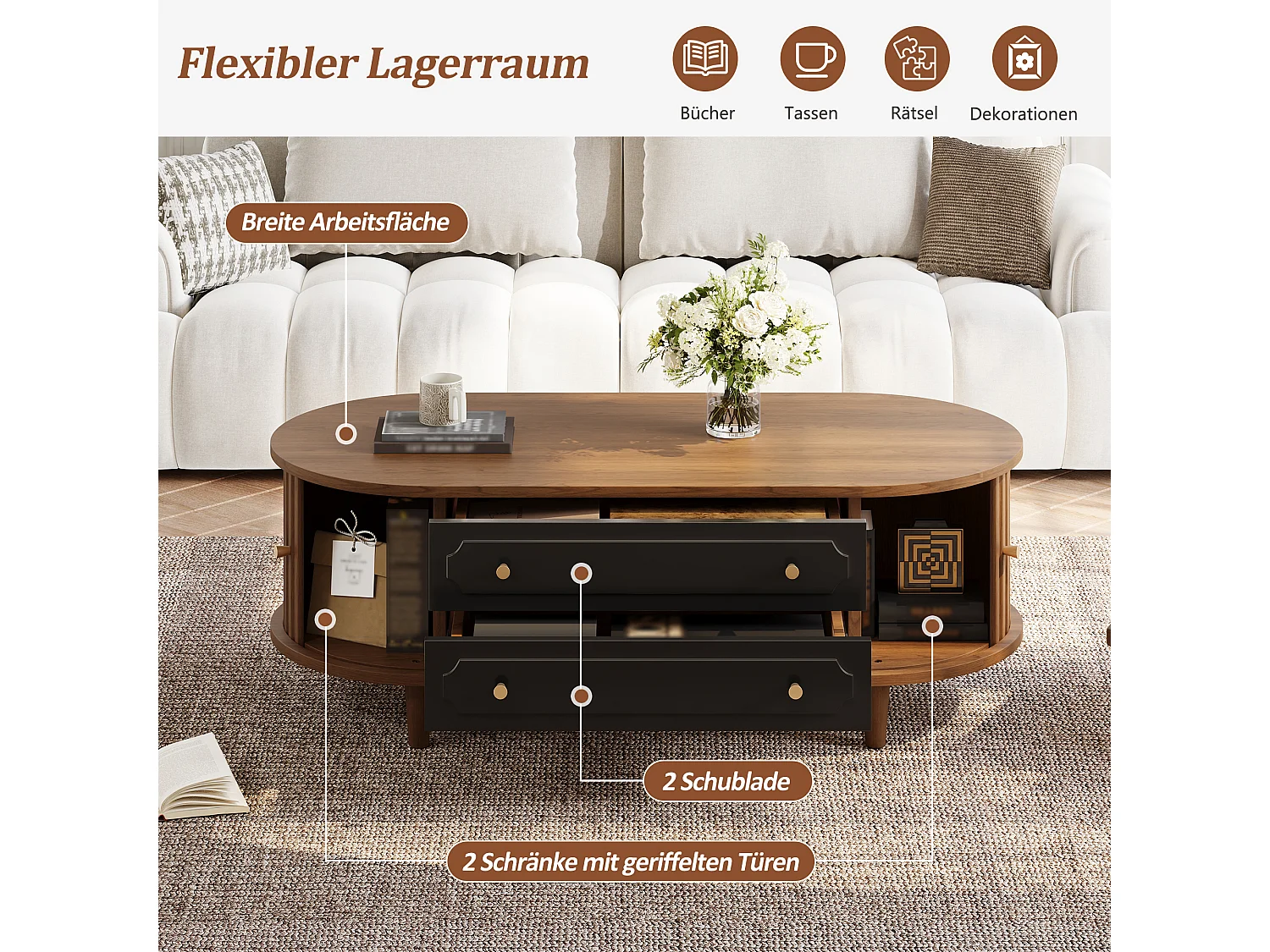 Coffee table 100x50x36 cm - with 2 drawers and 2 sliding doors - Brown + Black