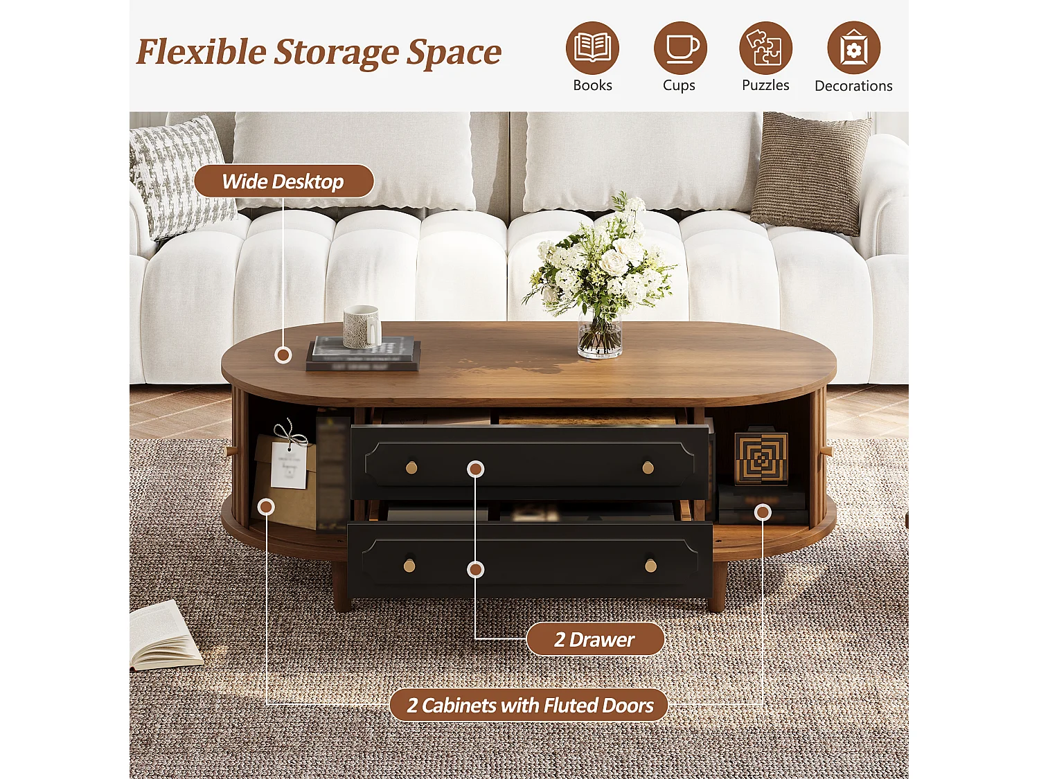 Coffee table 100x50x36 cm - with 2 drawers and 2 sliding doors - Brown + Black