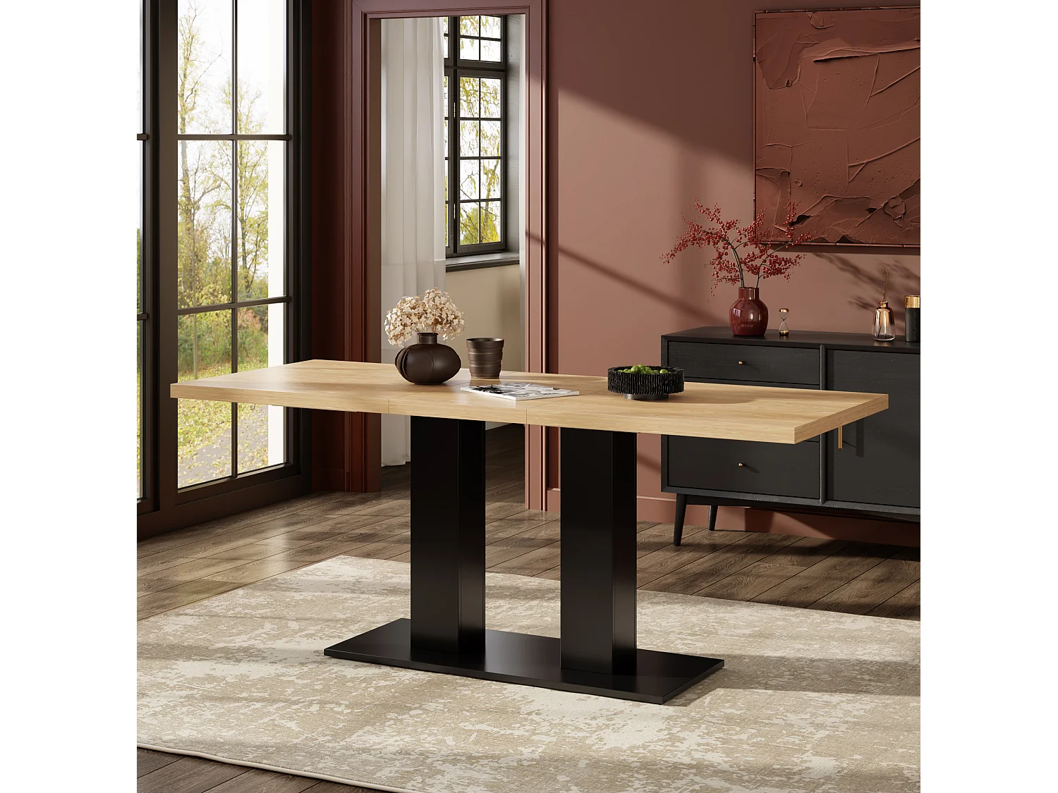 Table à manger extensible 140/180 x 70 cm avec plateau épais - Bois naturel et noir