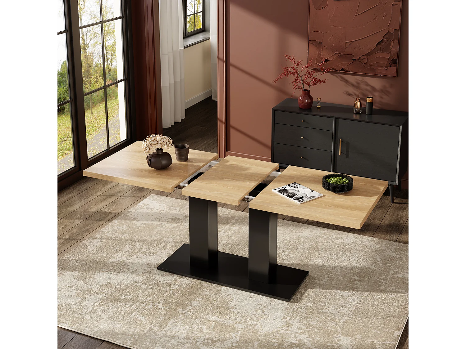 Table à manger extensible 140/180 x 70 cm avec plateau épais - Bois naturel et noir