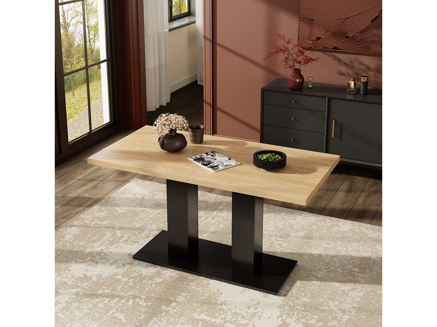 Table à manger extensible 140/180 x 70 cm avec plateau épais - Bois naturel et noir