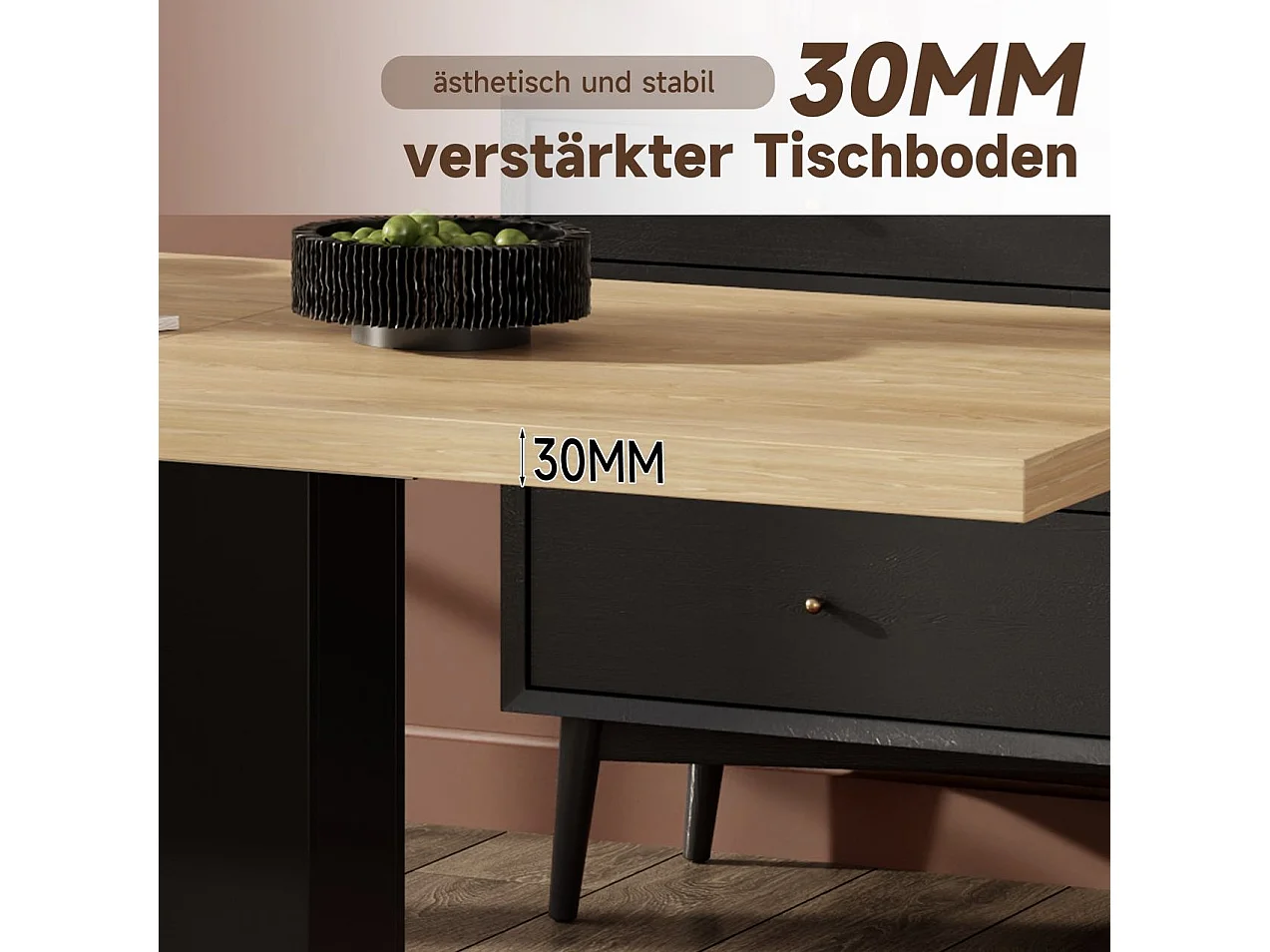 Table à manger extensible 140/180 x 70 cm avec plateau épais - Bois naturel et noir