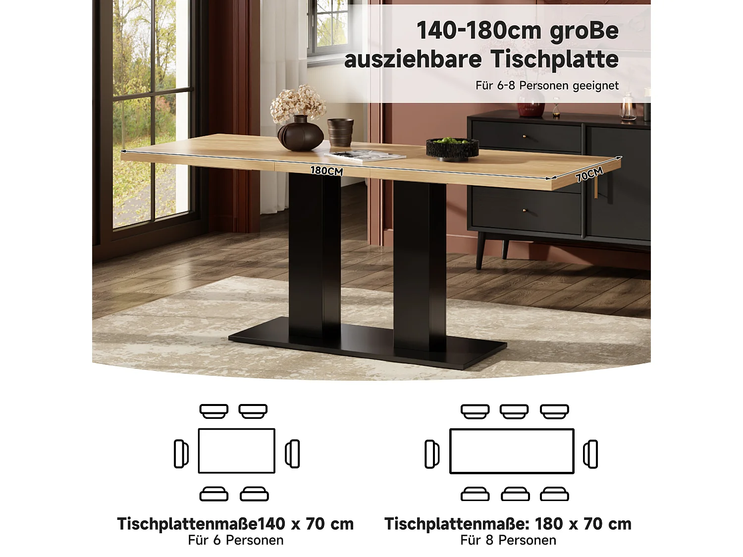 Table à manger extensible 140/180 x 70 cm avec plateau épais - Bois naturel et noir