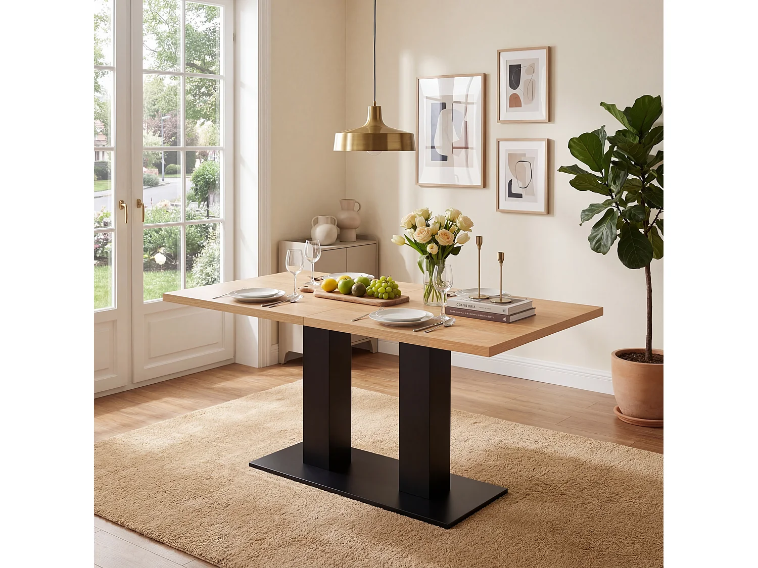 Table à manger extensible 140/180 x 70 cm avec plateau épais - Bois naturel et noir