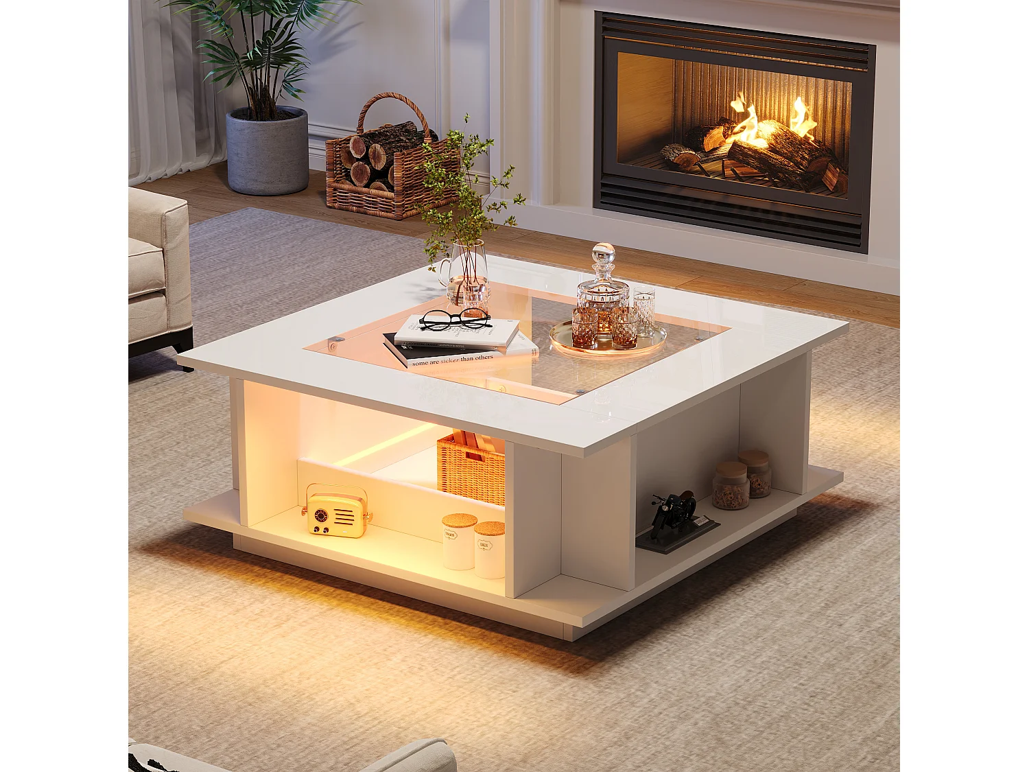 Fyrkantigt soffbord med glasskiva, förvaring och LED-belysning - Spånskiva/glas - 70 x 70 x 30 cm - Vit