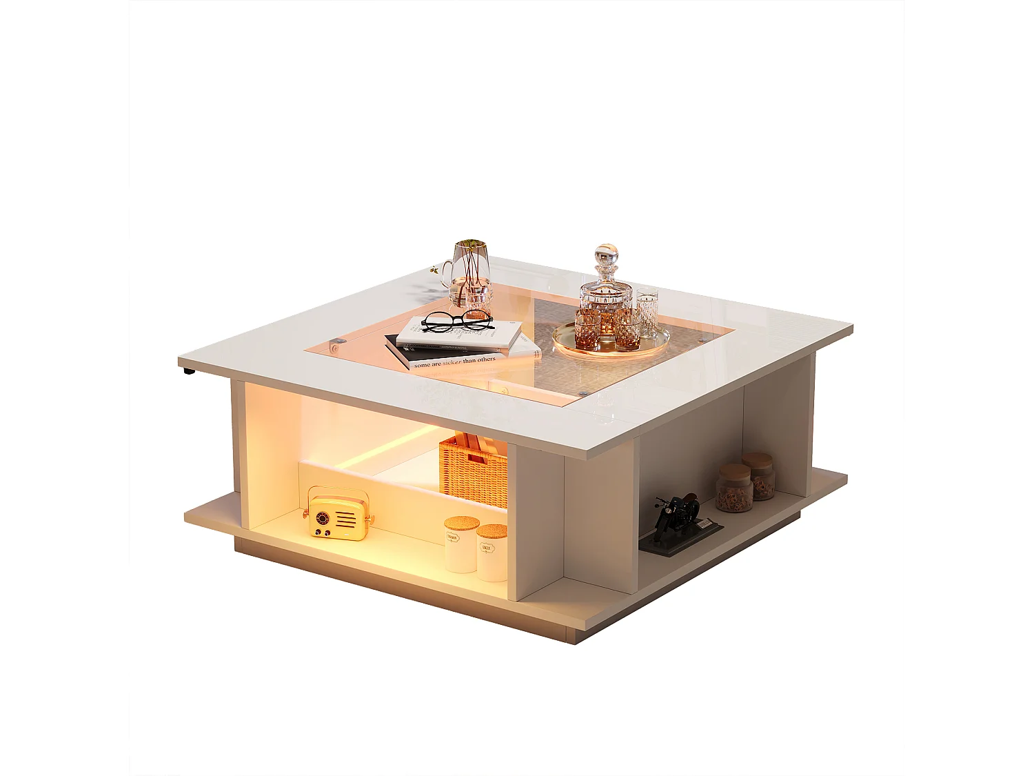 Fyrkantigt soffbord med glasskiva, förvaring och LED-belysning - Spånskiva/glas - 70 x 70 x 30 cm - Vit