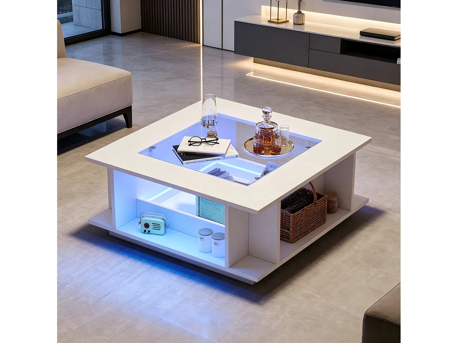 Fyrkantigt soffbord med glasskiva, förvaring och LED-belysning - Spånskiva/glas - 70 x 70 x 30 cm - Vit