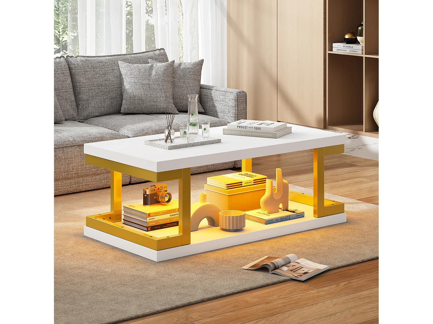 Rectangular coffee table with LED lighting, storage shelves, and gold metal legs - MDF - 100 x 50 x 37.5 cm - White and gold