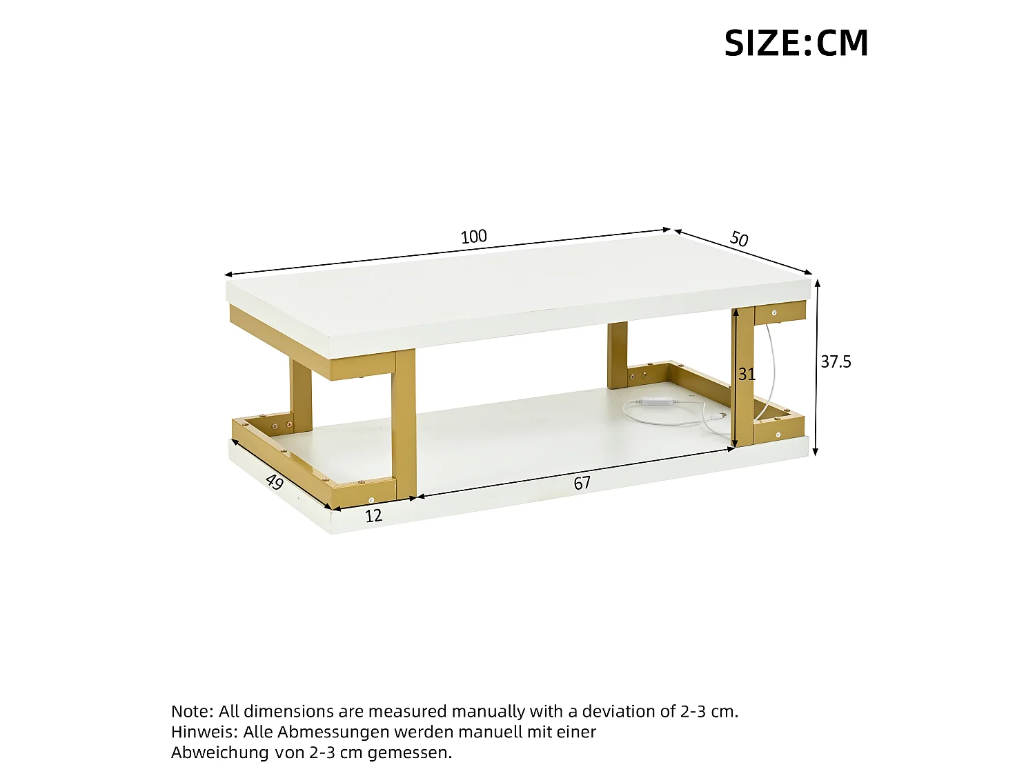 Rectangular coffee table with LED lighting, storage shelves, and gold metal legs - MDF - 100 x 50 x 37.5 cm - White and gold
