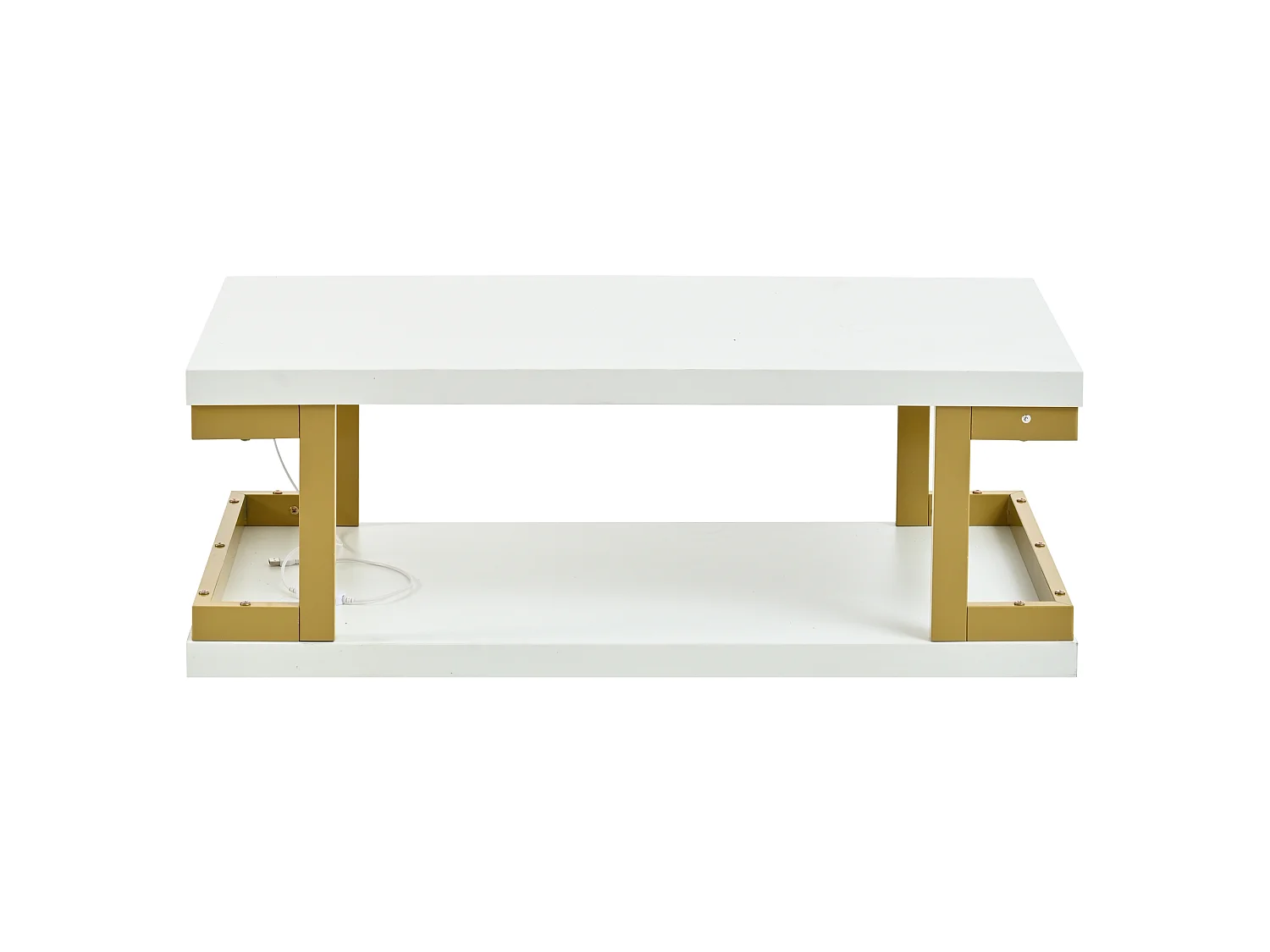 Rectangular coffee table with LED lighting, storage shelves, and gold metal legs - MDF - 100 x 50 x 37.5 cm - White and gold