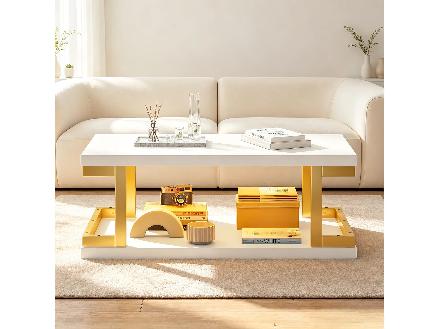 Rectangular coffee table with LED lighting, storage shelves, and gold metal legs - MDF - 100 x 50 x 37.5 cm - White and gold