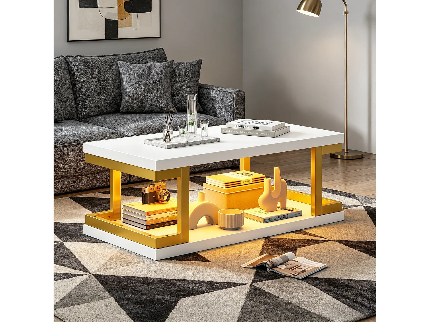 Rectangular coffee table with LED lighting, storage shelves, and gold metal legs - MDF - 100 x 50 x 37.5 cm - White and gold