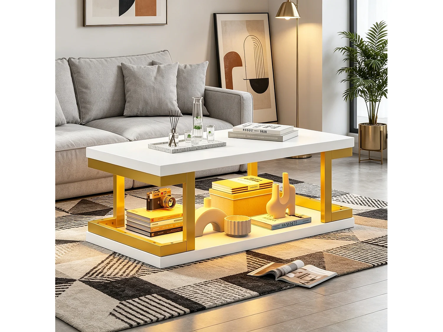 Rectangular coffee table with LED lighting, storage shelves, and gold metal legs - MDF - 100 x 50 x 37.5 cm - White and gold