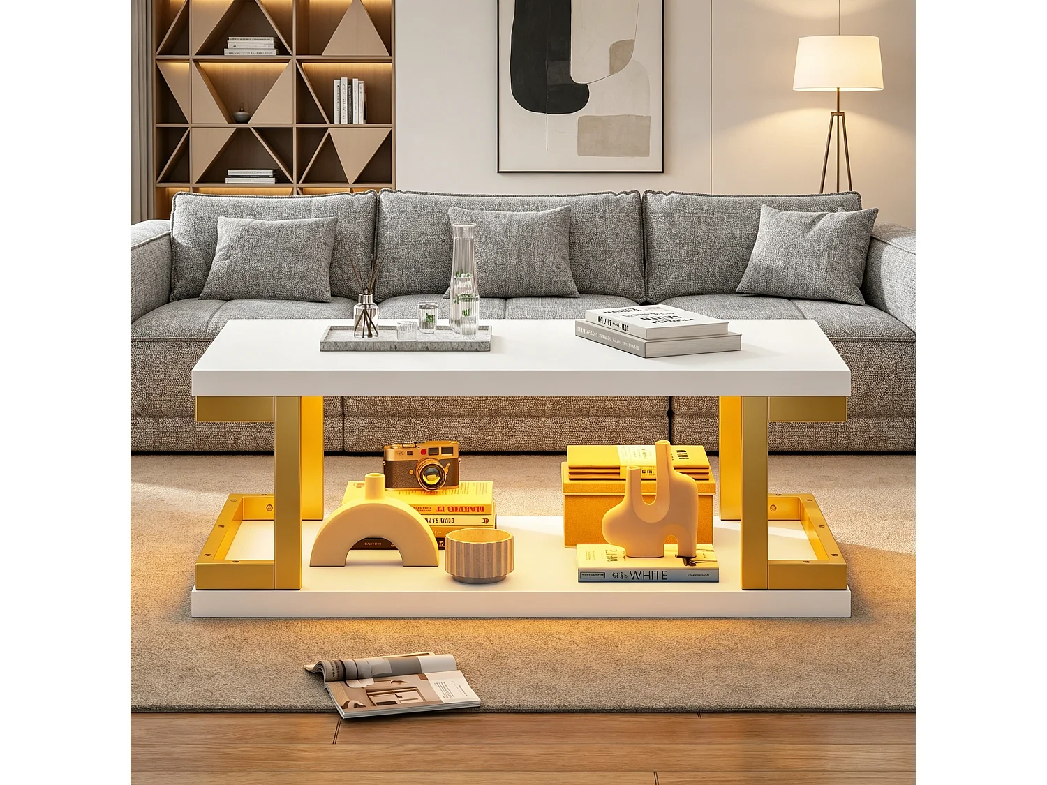 Rectangular coffee table with LED lighting, storage shelves, and gold metal legs - MDF - 100 x 50 x 37.5 cm - White and gold