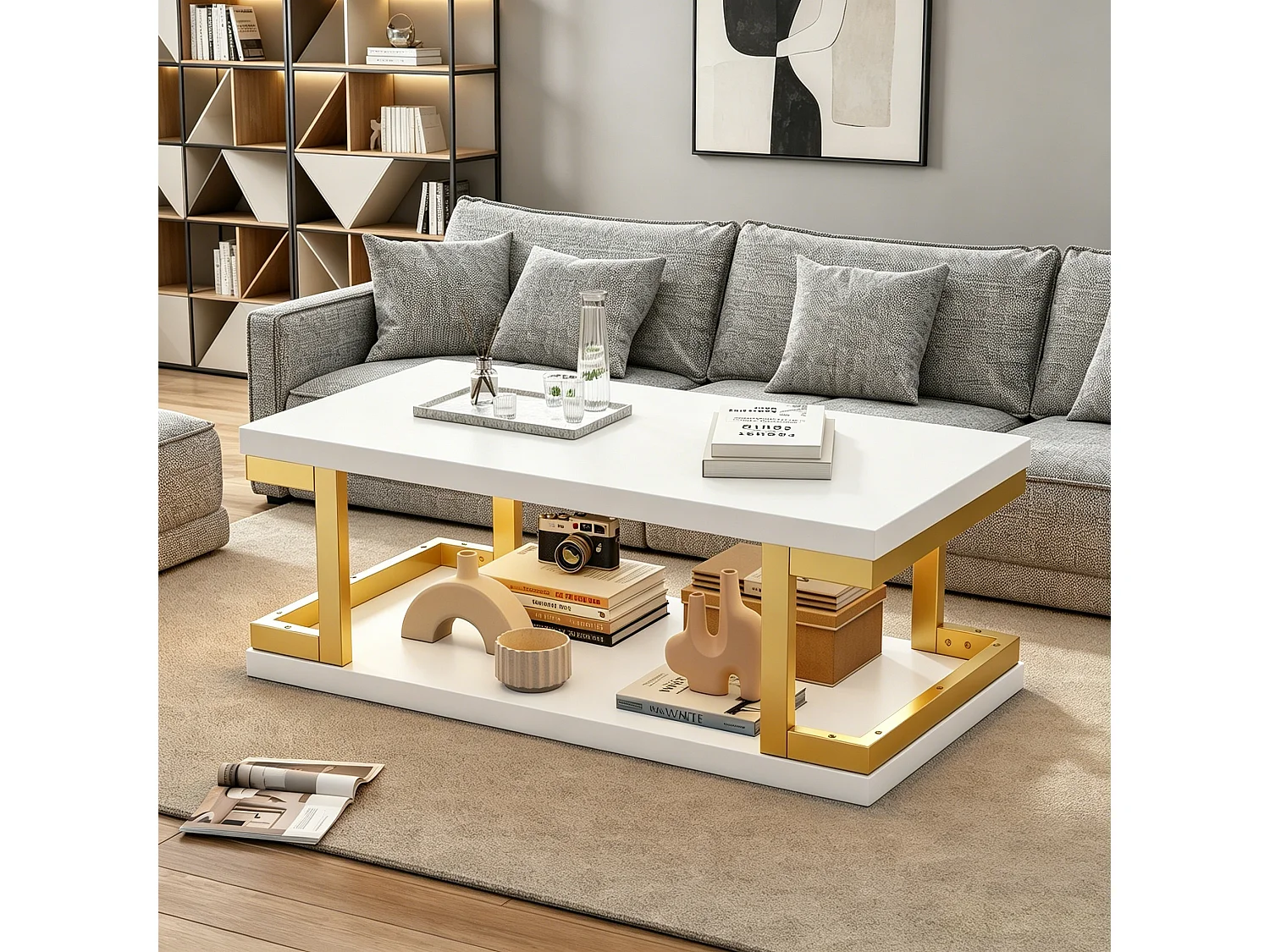 Rectangular coffee table with LED lighting, storage shelves, and gold metal legs - MDF - 100 x 50 x 37.5 cm - White and gold