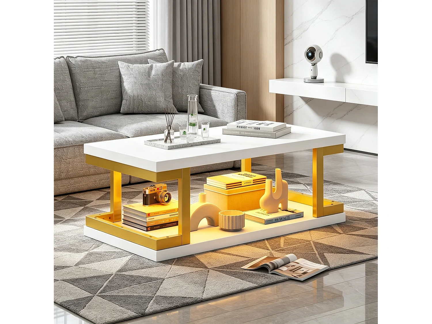 Rectangular coffee table with LED lighting, storage shelves, and gold metal legs - MDF - 100 x 50 x 37.5 cm - White and gold