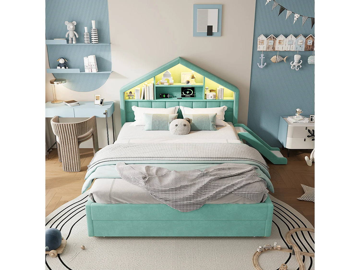 Lit enfant 140x200 cm en velours avec toboggan et port de chargement - Bleu canard
