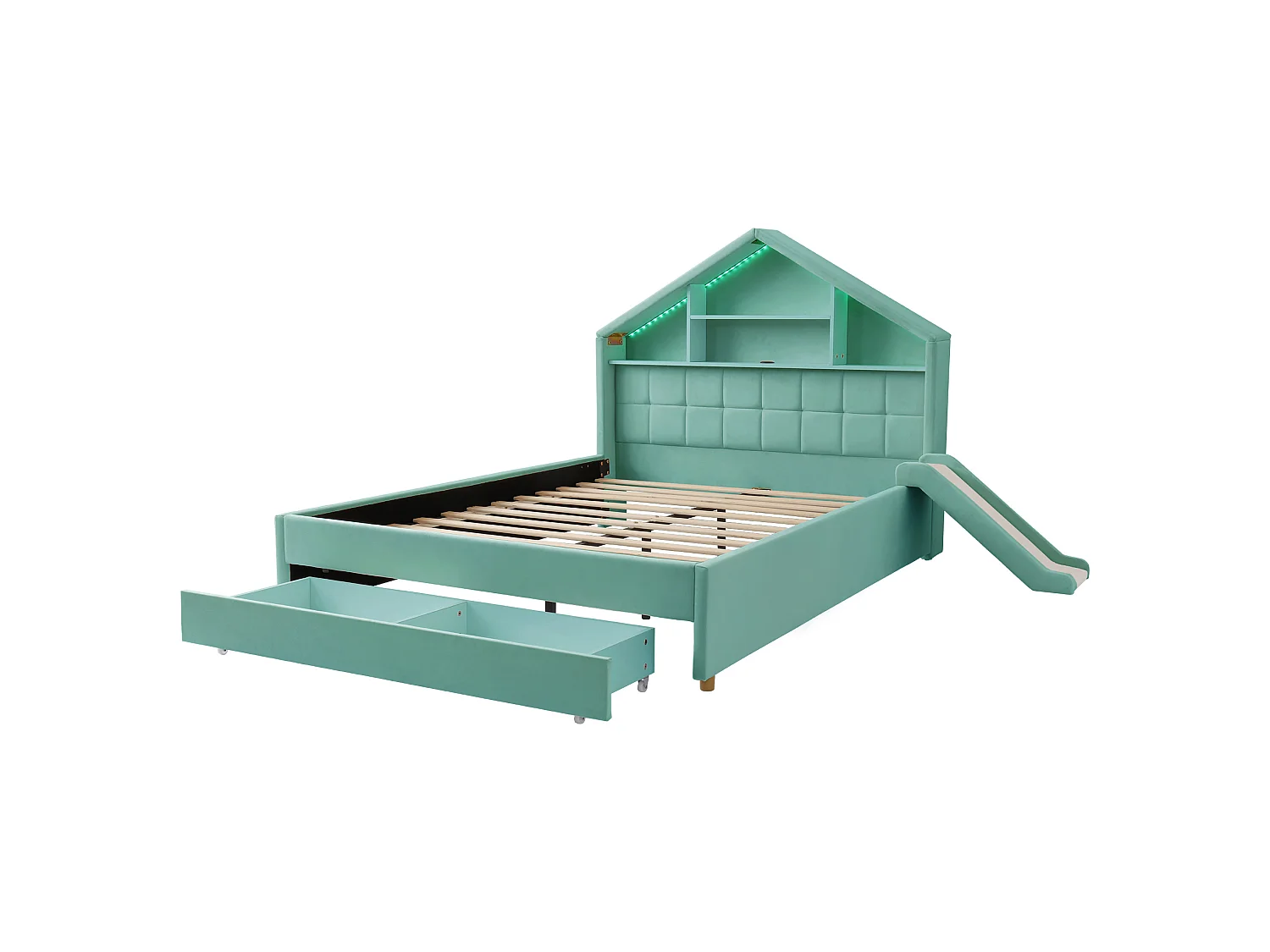 Lit enfant 140x200 cm en velours avec toboggan et port de chargement - Bleu canard